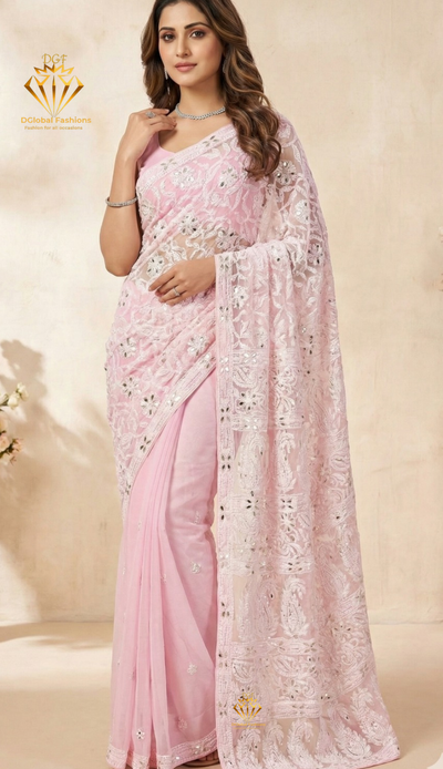 Lucknowi Chikankari Half Jaal Saree with Gota Patti Handwork