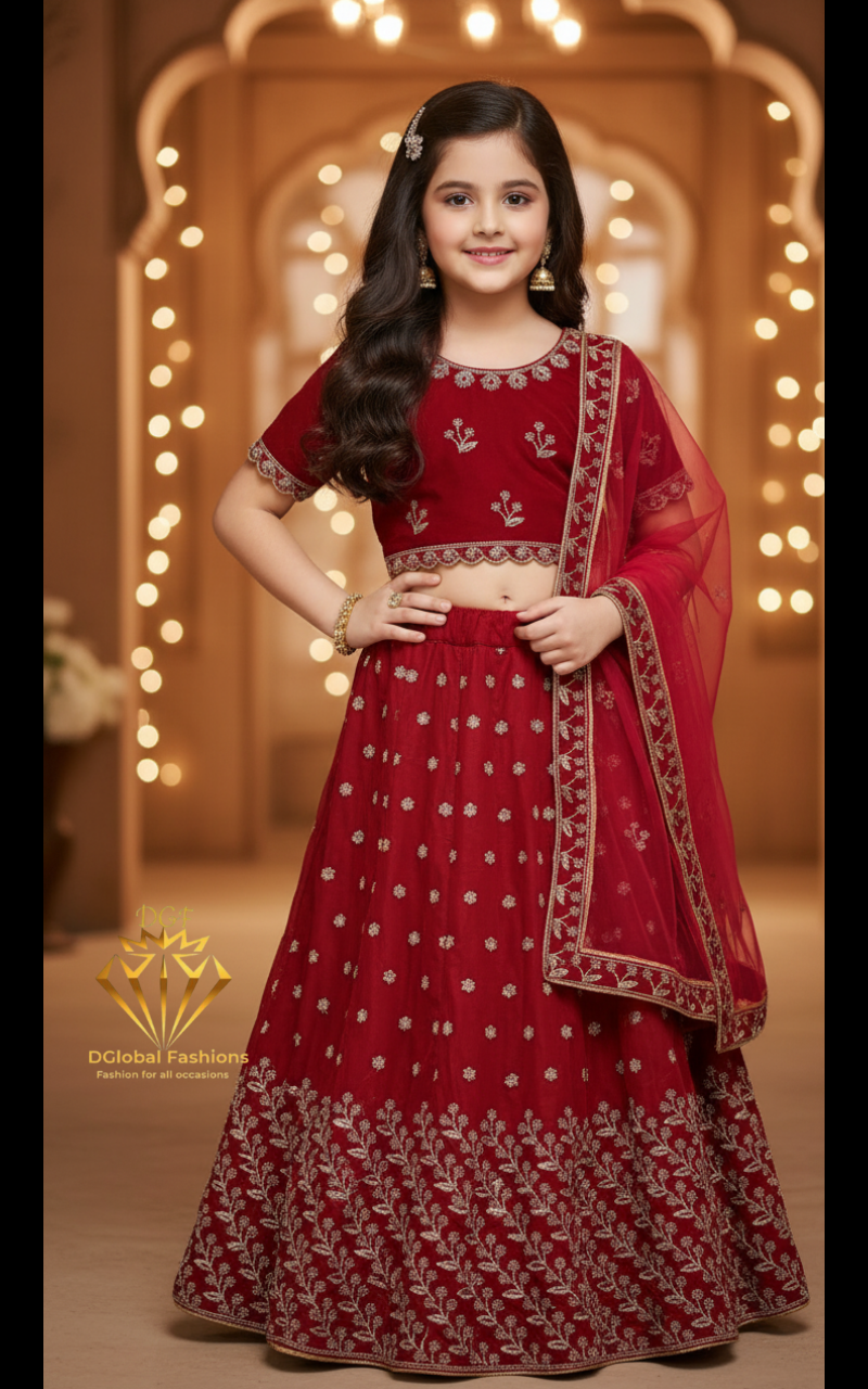 Red Velvet Embroidered Lehenga Set with Dupatta