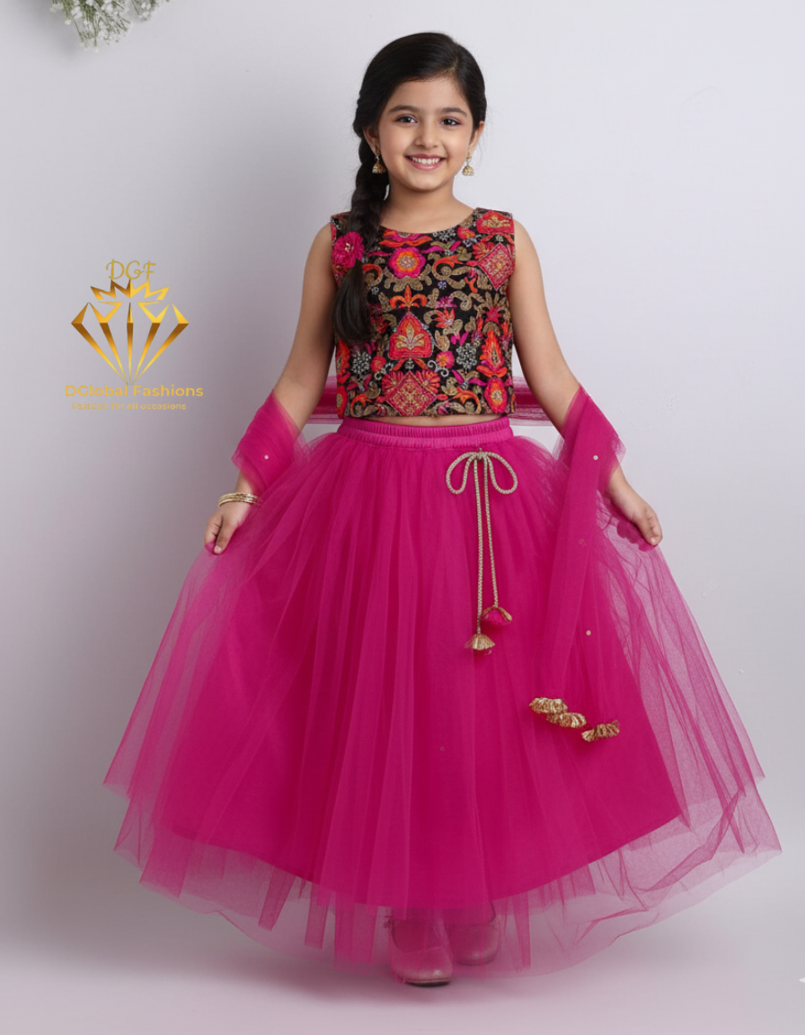 Girls Fuchsia Embroidered Ready to Wear Lehenga & Blouse With Dupatta