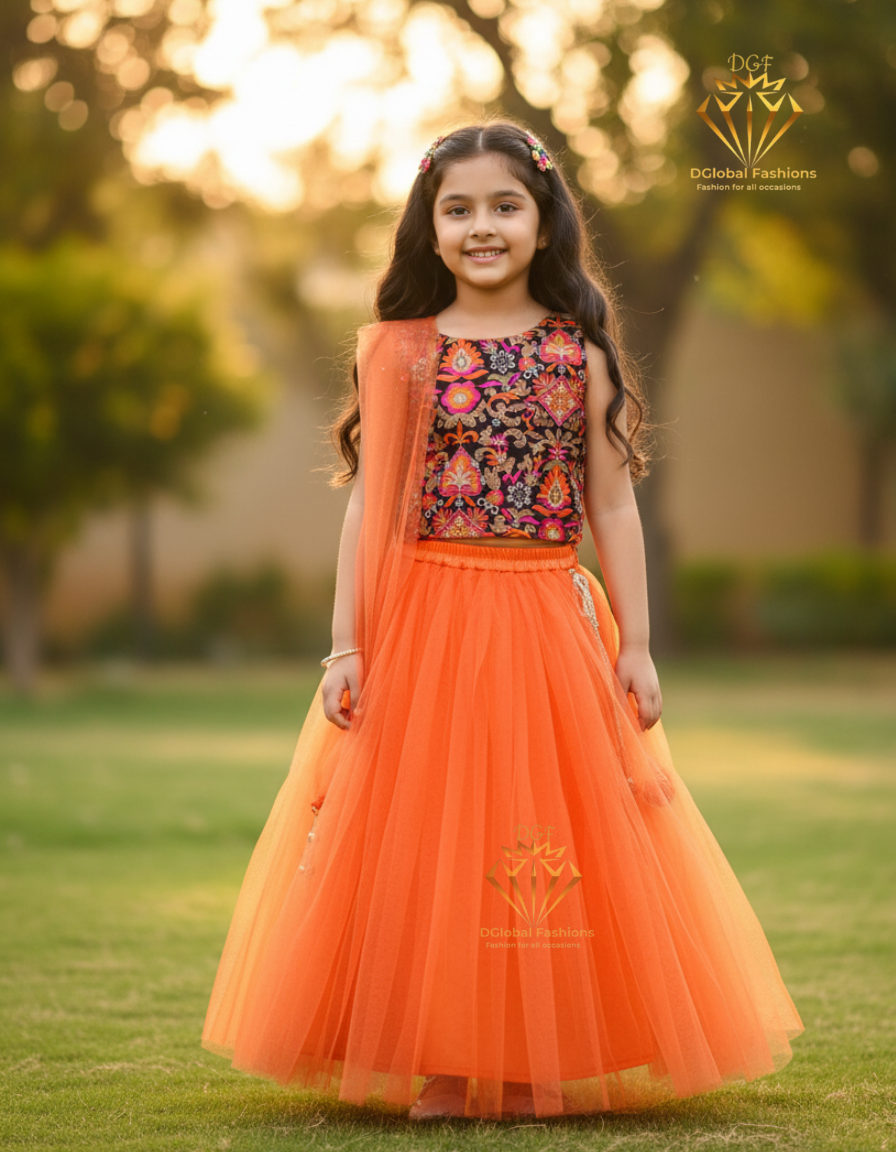 Girls Orange & Black Embroidered Ready to Wear Lehenga & Blouse With Dupatta