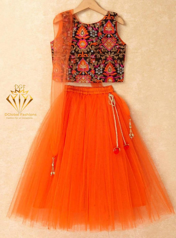 Girls Orange & Black Embroidered Ready to Wear Lehenga & Blouse With Dupatta