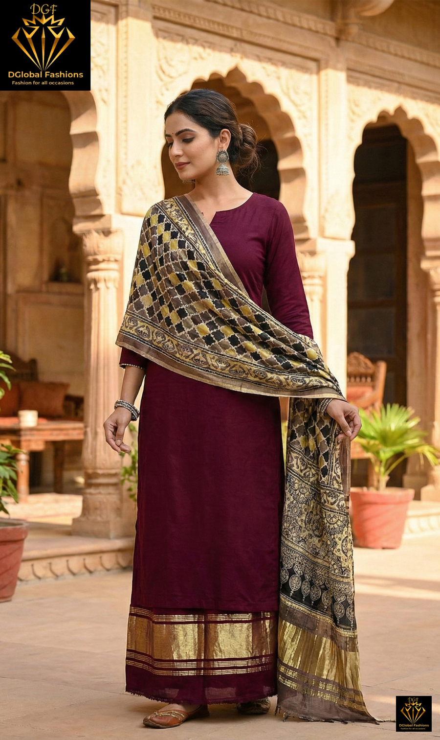 Unstitched Modal Silk Suit Set with Lagdi Patta Kurta & Hand Block Ajrak Dupatta