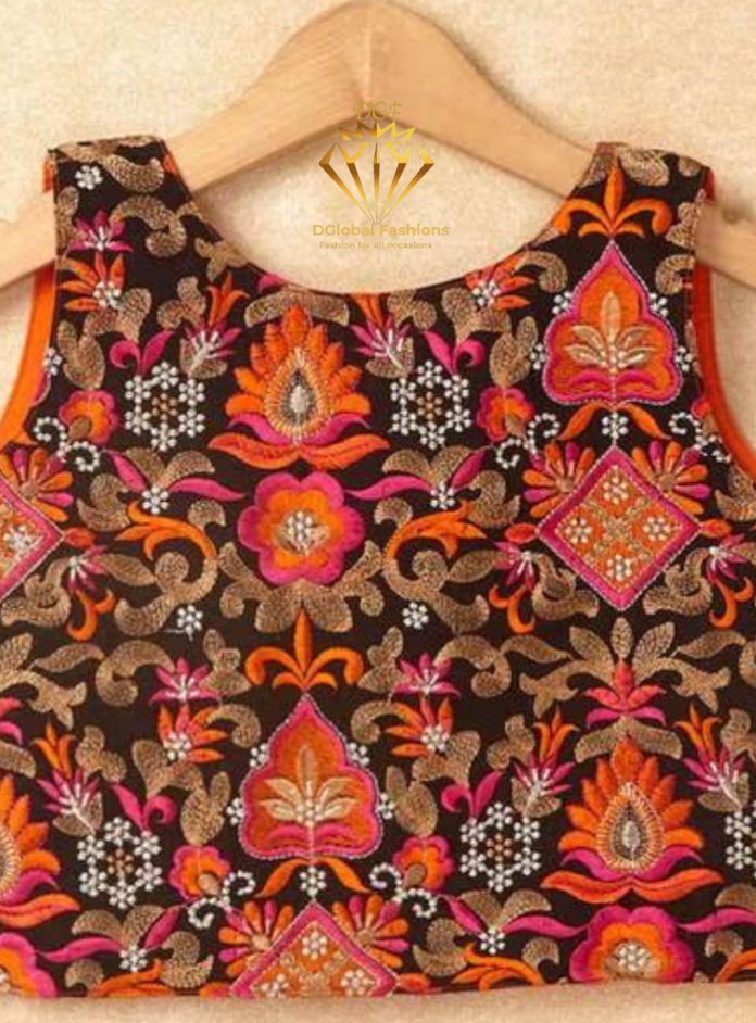 Girls Orange & Black Embroidered Ready to Wear Lehenga & Blouse With Dupatta