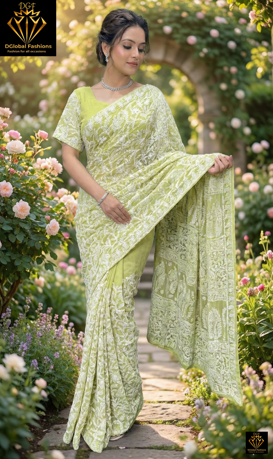 Georgette Lucknowi Chikankari Full Jaal Ready-to-Wear Saree with Blouse