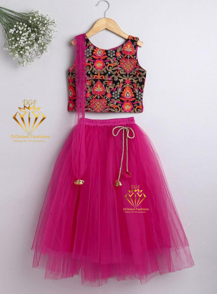 Girls Fuchsia Embroidered Ready to Wear Lehenga & Blouse With Dupatta
