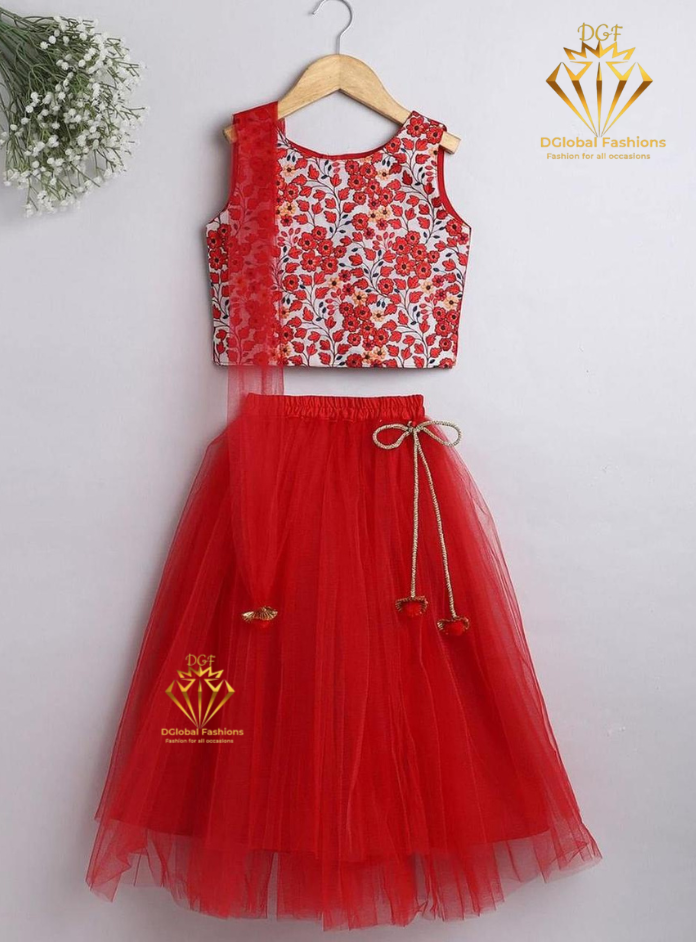 Girls Synthetic Readymade Lucknow Mosaic Embroidered Three Piece Tutu Lehenga Set
