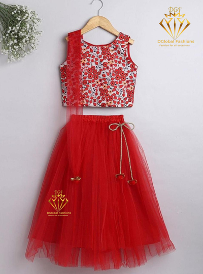 Girls Synthetic Readymade Lucknow Mosaic Embroidered Three Piece Tutu Lehenga Set