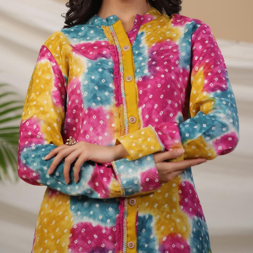 Muslin silk coord set with bandhni print