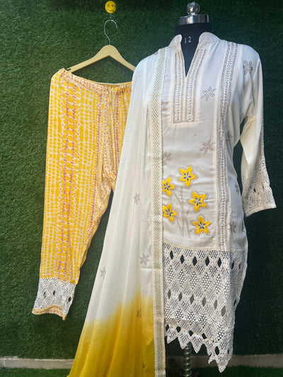 Embroidered kurta set with printed pants and dupatta