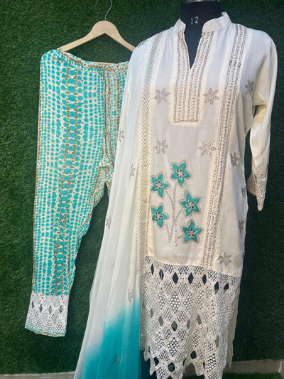 Embroidered kurta set with printed pants and dupatta