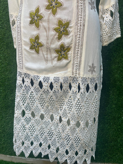 Embroidered kurta set with printed pants and dupatta