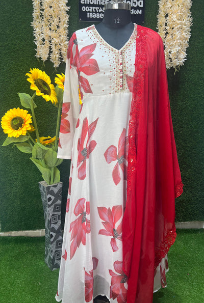 Silk print gown with dupatta