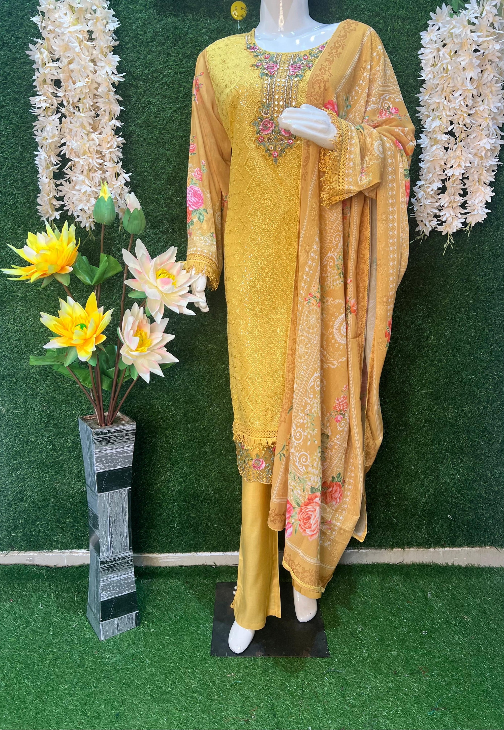 Georgette suit set with chikankari & 3D embroidery