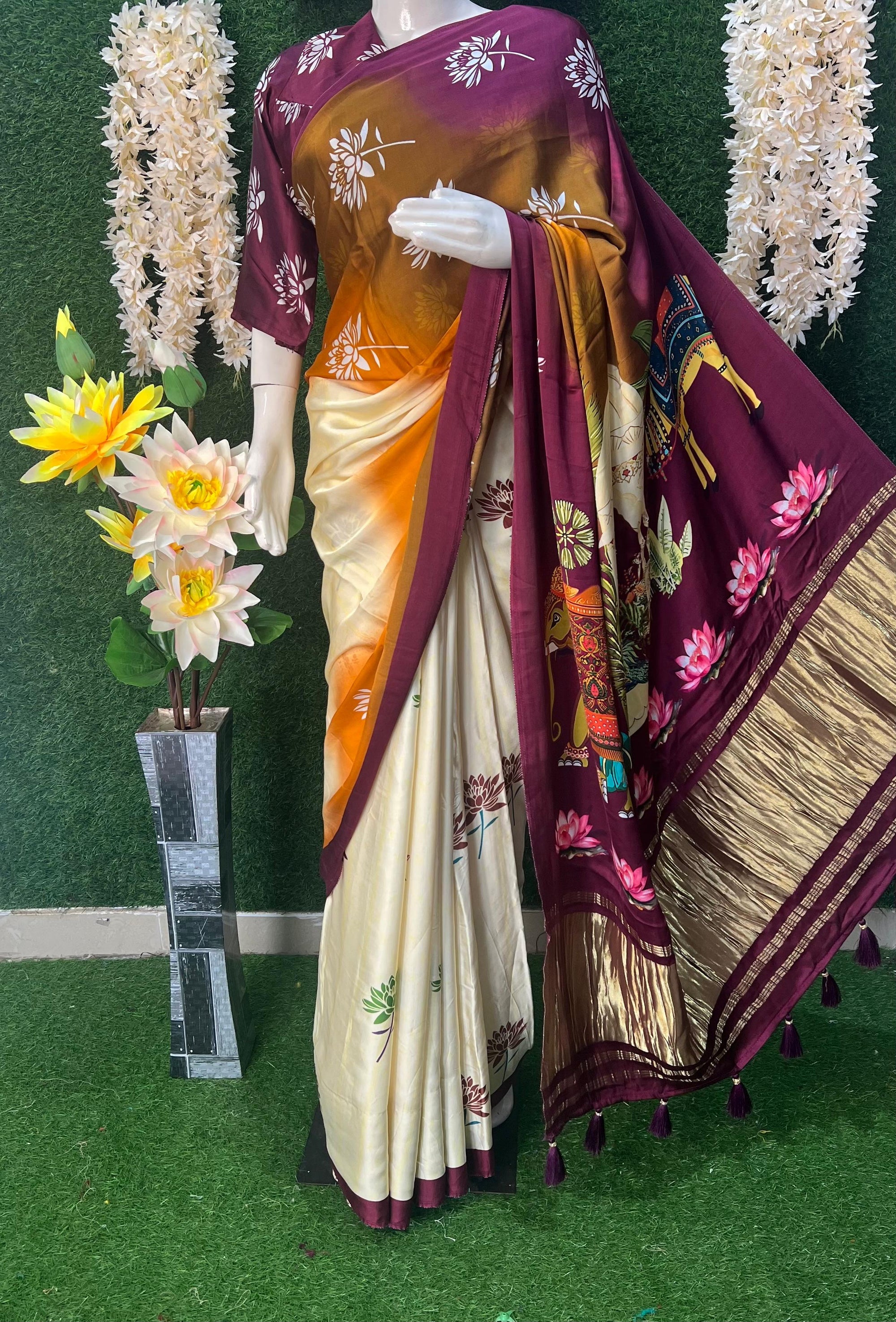 Gaji Silk Kalamkari Saree with Rajwadi Pallu