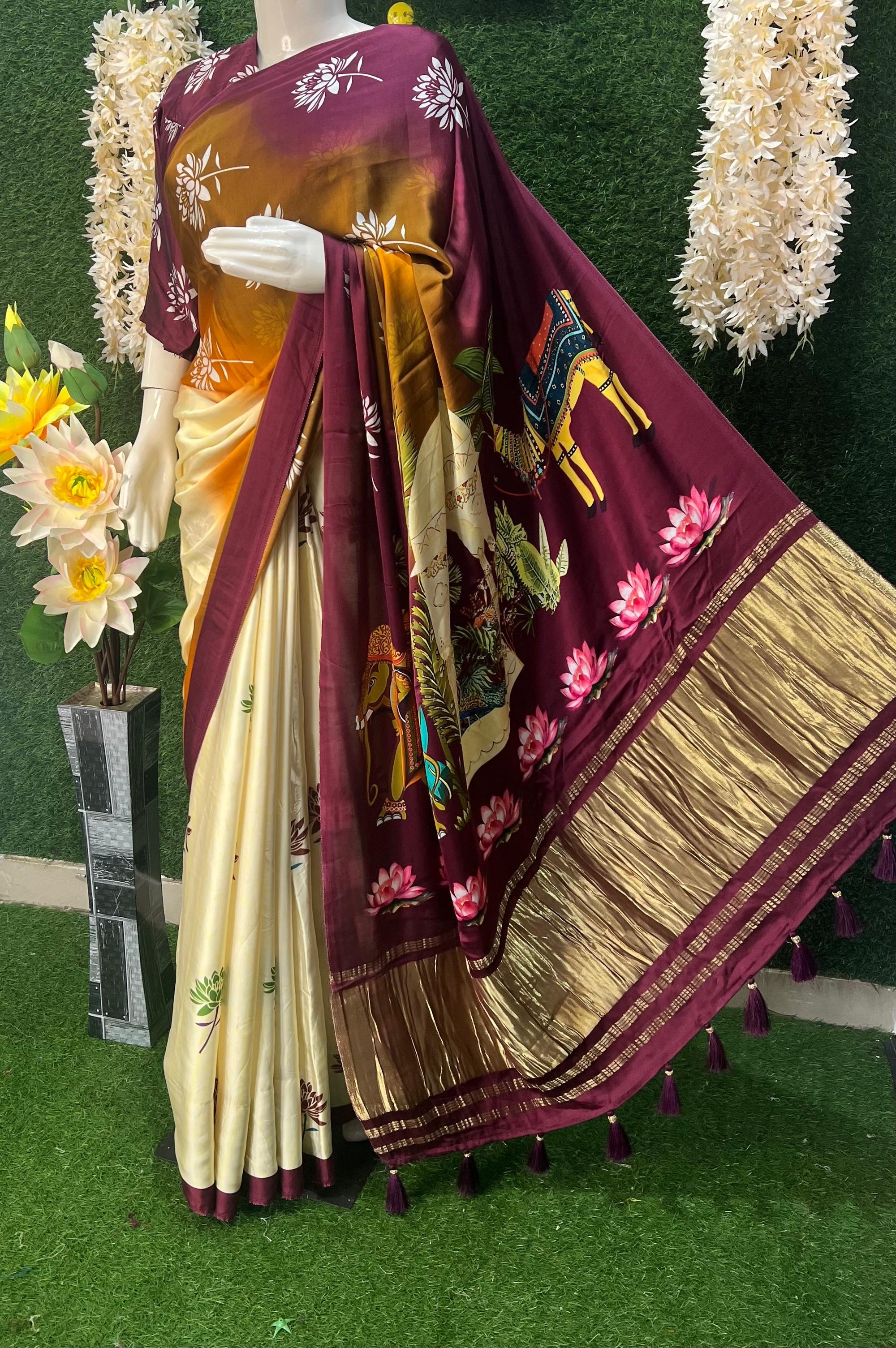 Gaji Silk Kalamkari Saree with Rajwadi Pallu