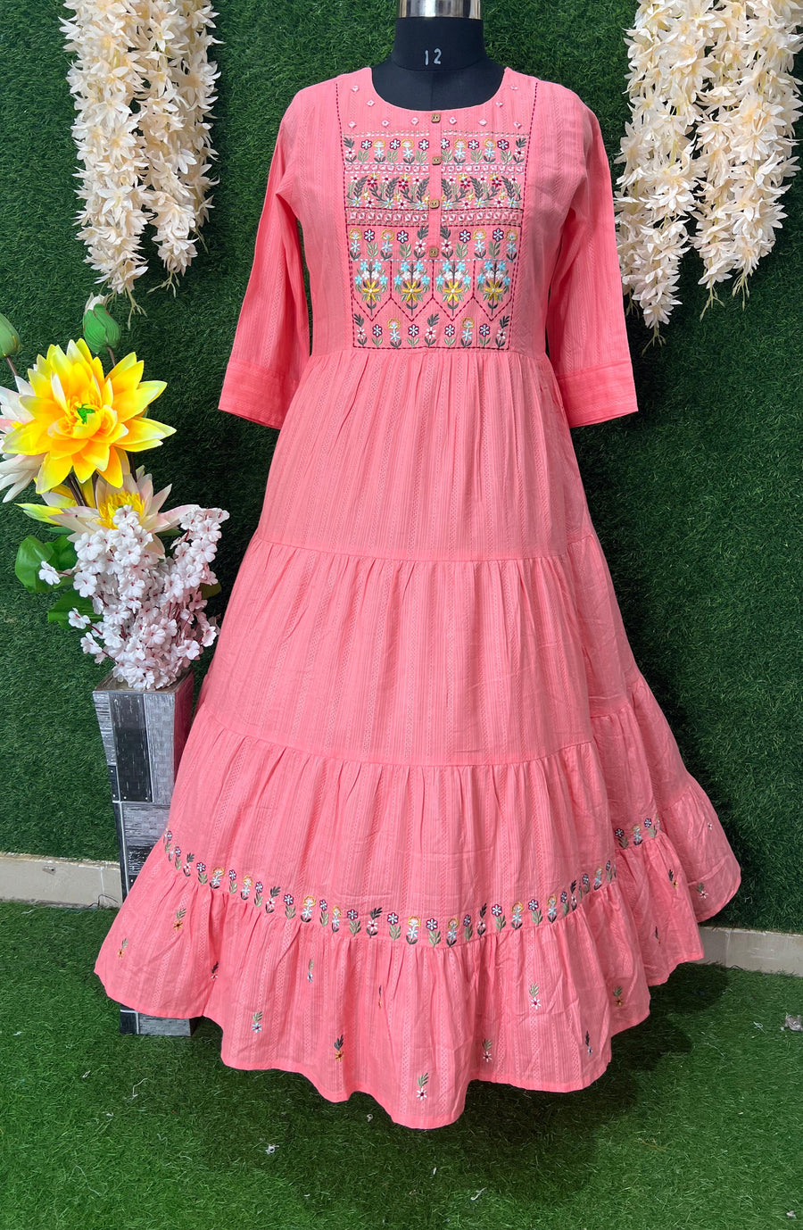 Graceful Cotton Gown with Real Mirror Work & Floral Booti Embroidery