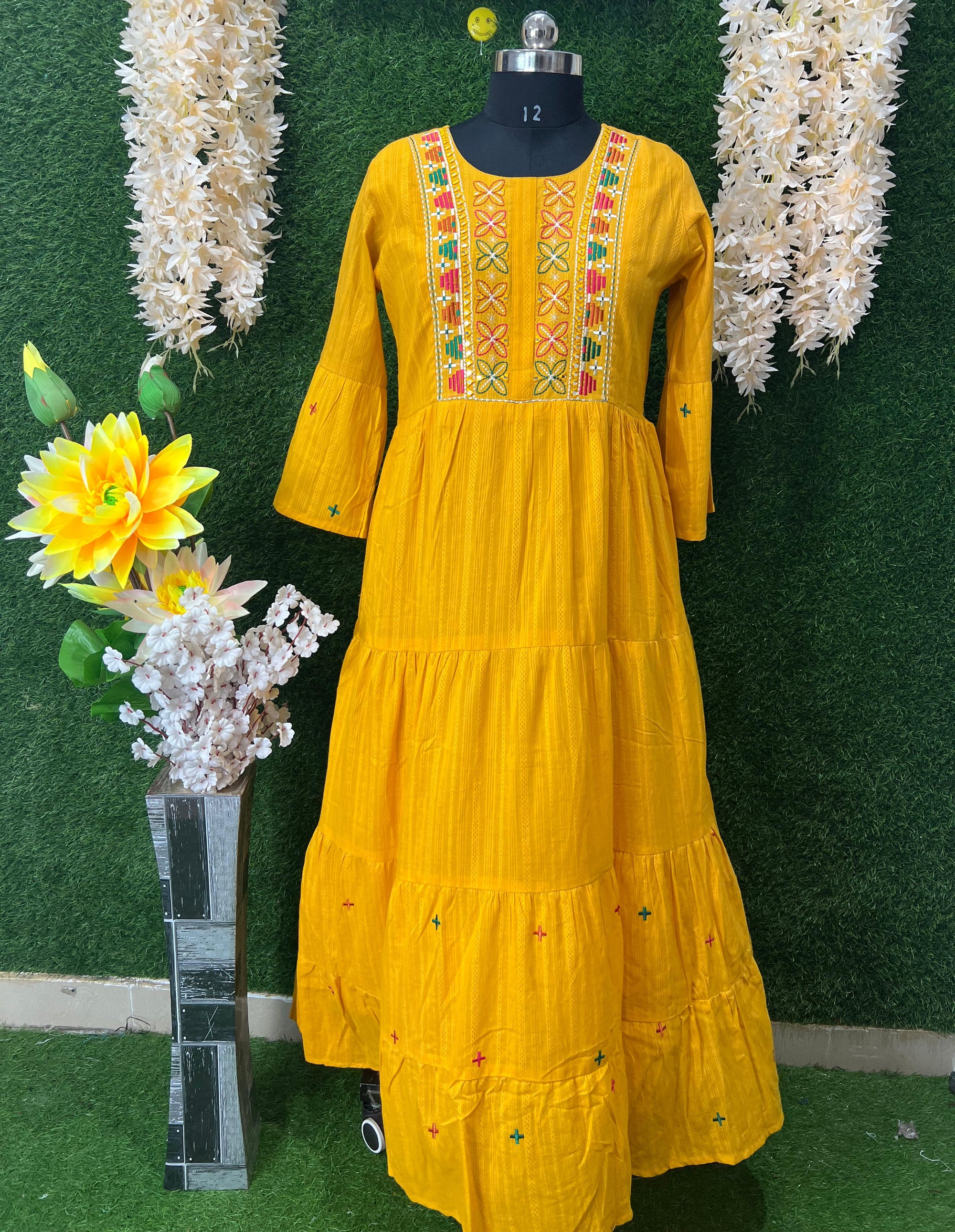 Graceful Cotton Gown with Real Mirror Work & Floral Booti Embroidery