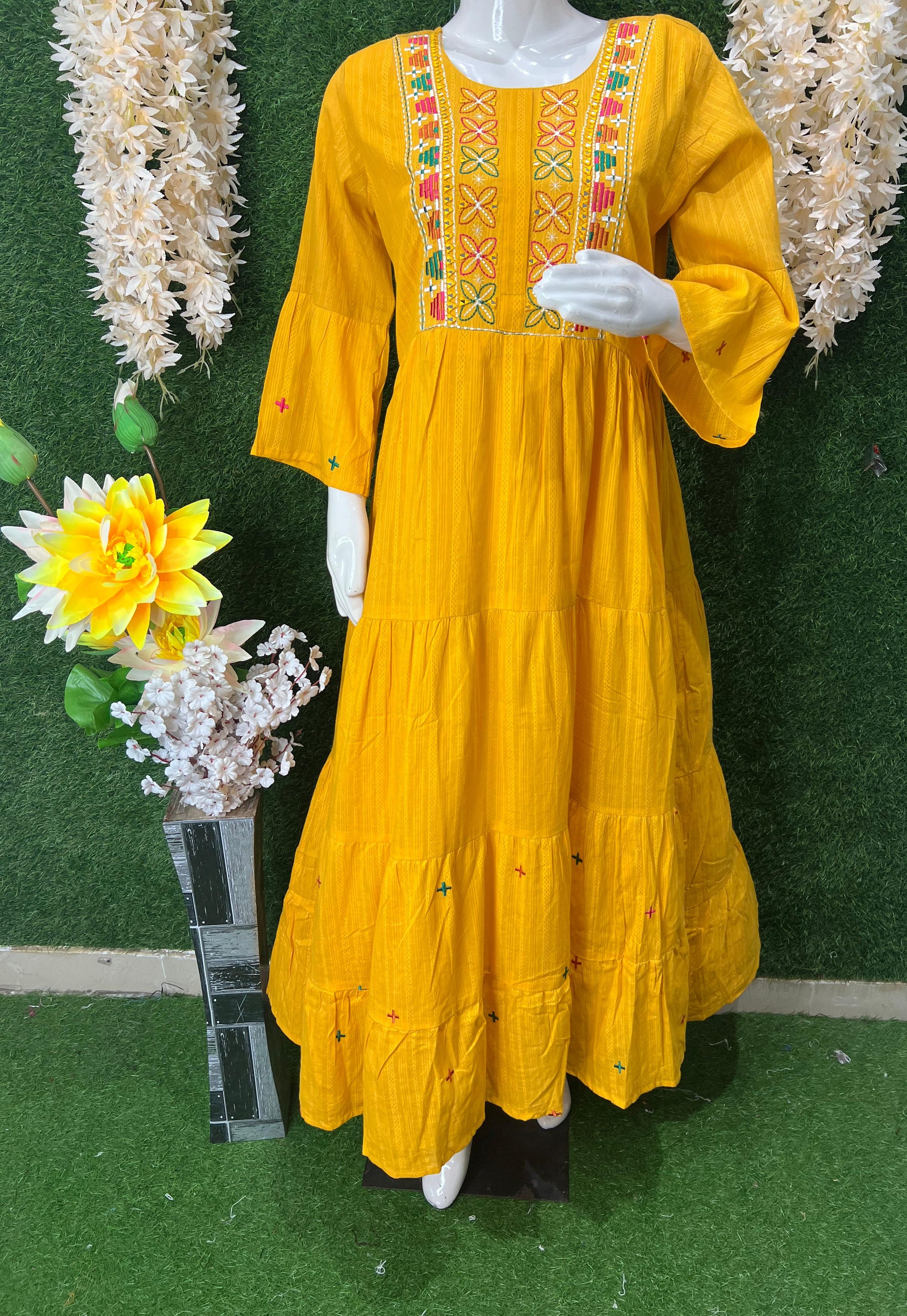 Graceful Cotton Gown with Real Mirror Work & Floral Booti Embroidery