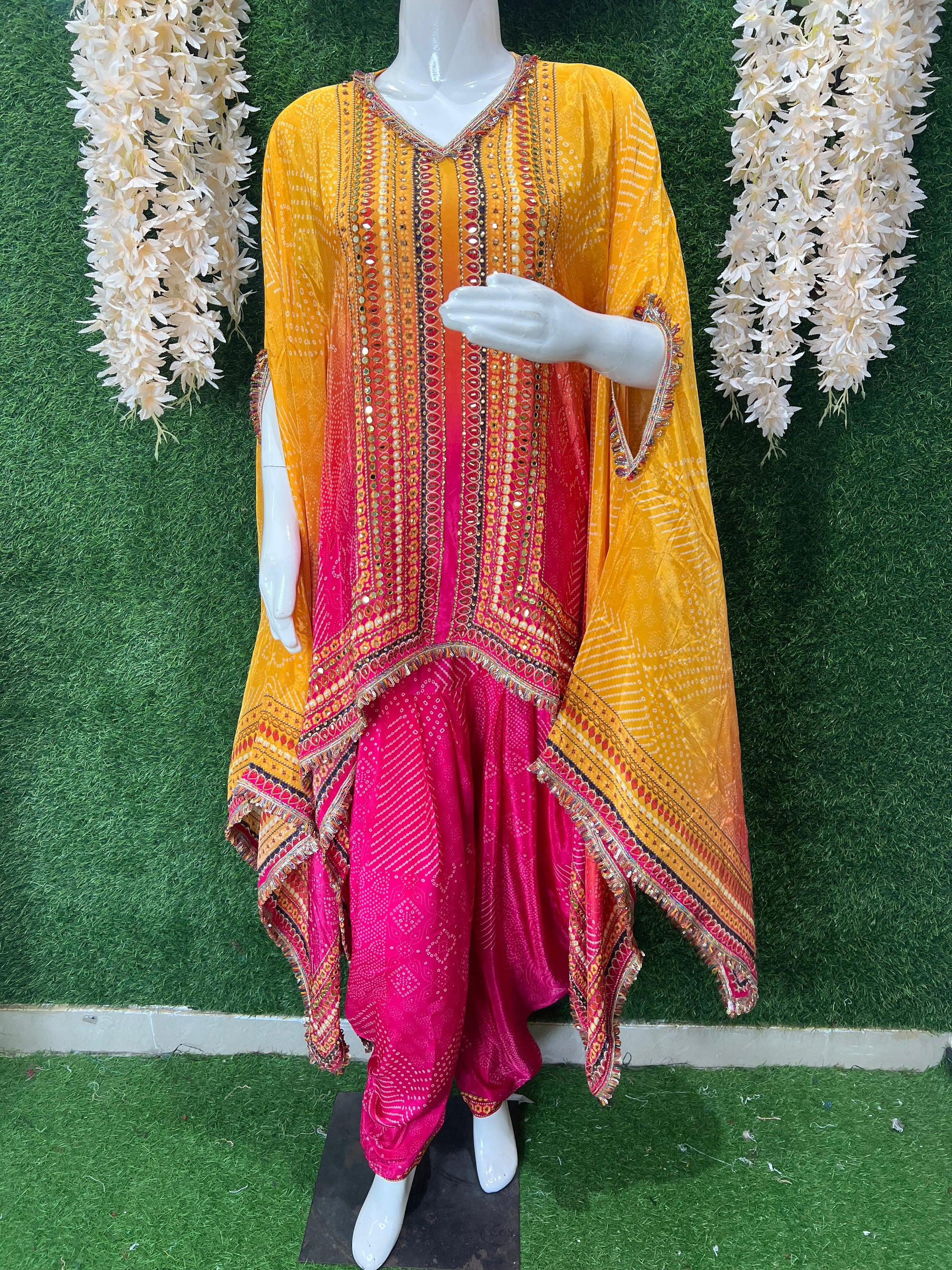Festive-Ready Indo Western Kaftan Coord Set with Mirror Work & Tulip Pants
