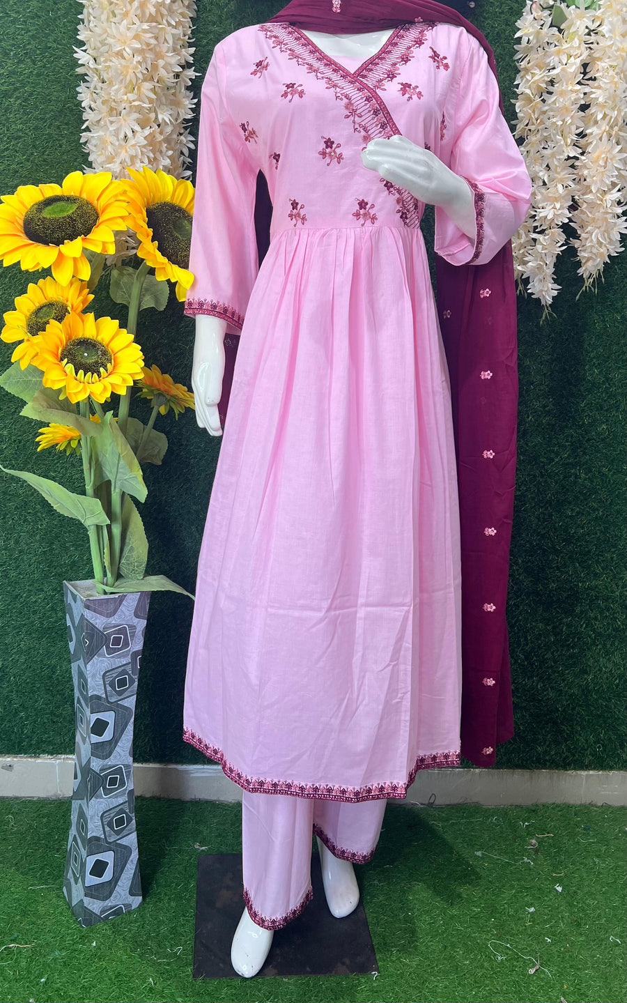 Elegant Pink Cotton Embroidered Suit Set with Maroon Dupatta