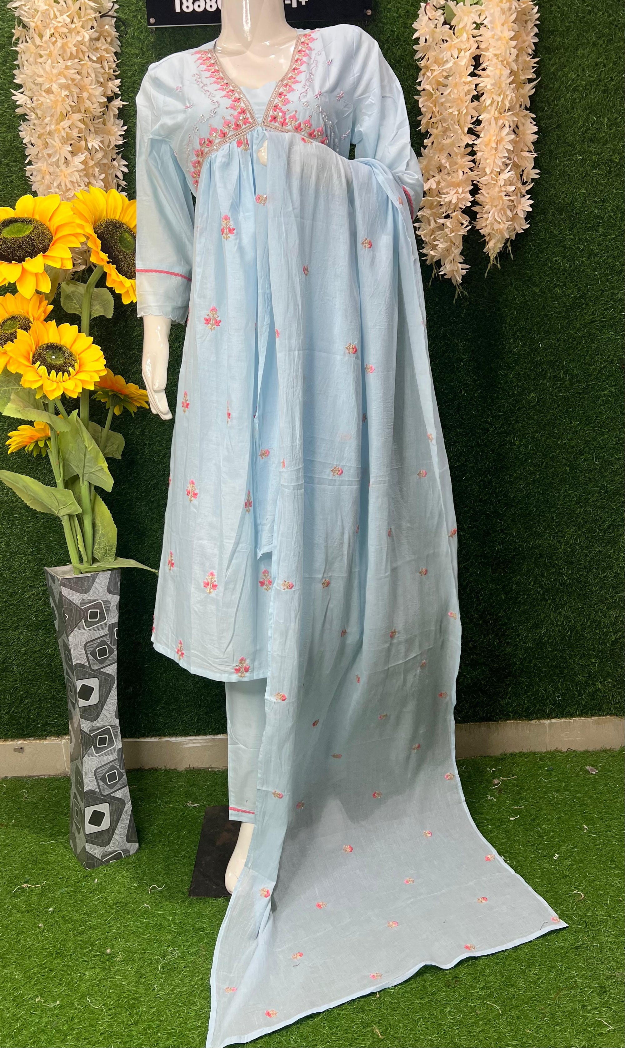 Pastel Blue Cotton Embroidered Straight Kurta Set with Dupatta