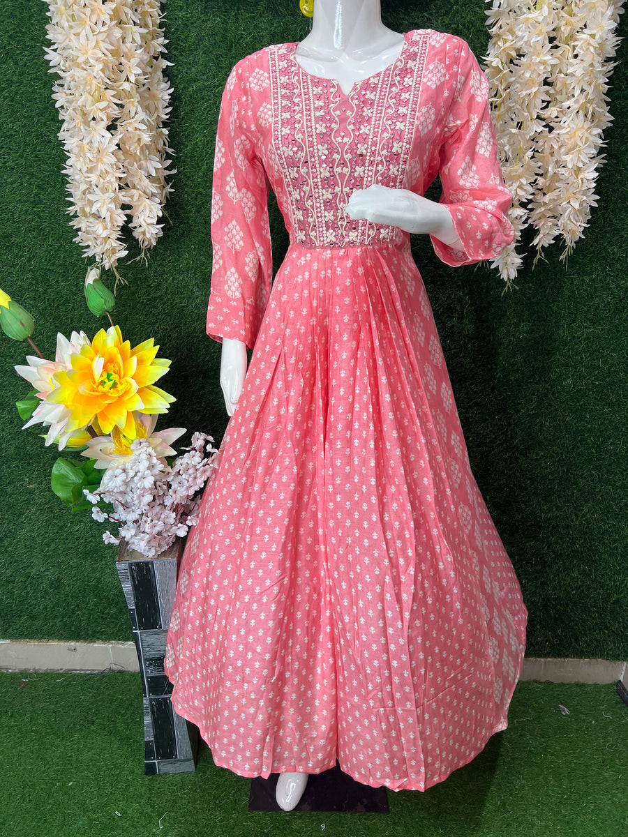 Stunning A-Line Gown with Real Mirror Work – Festive Pink Elegance