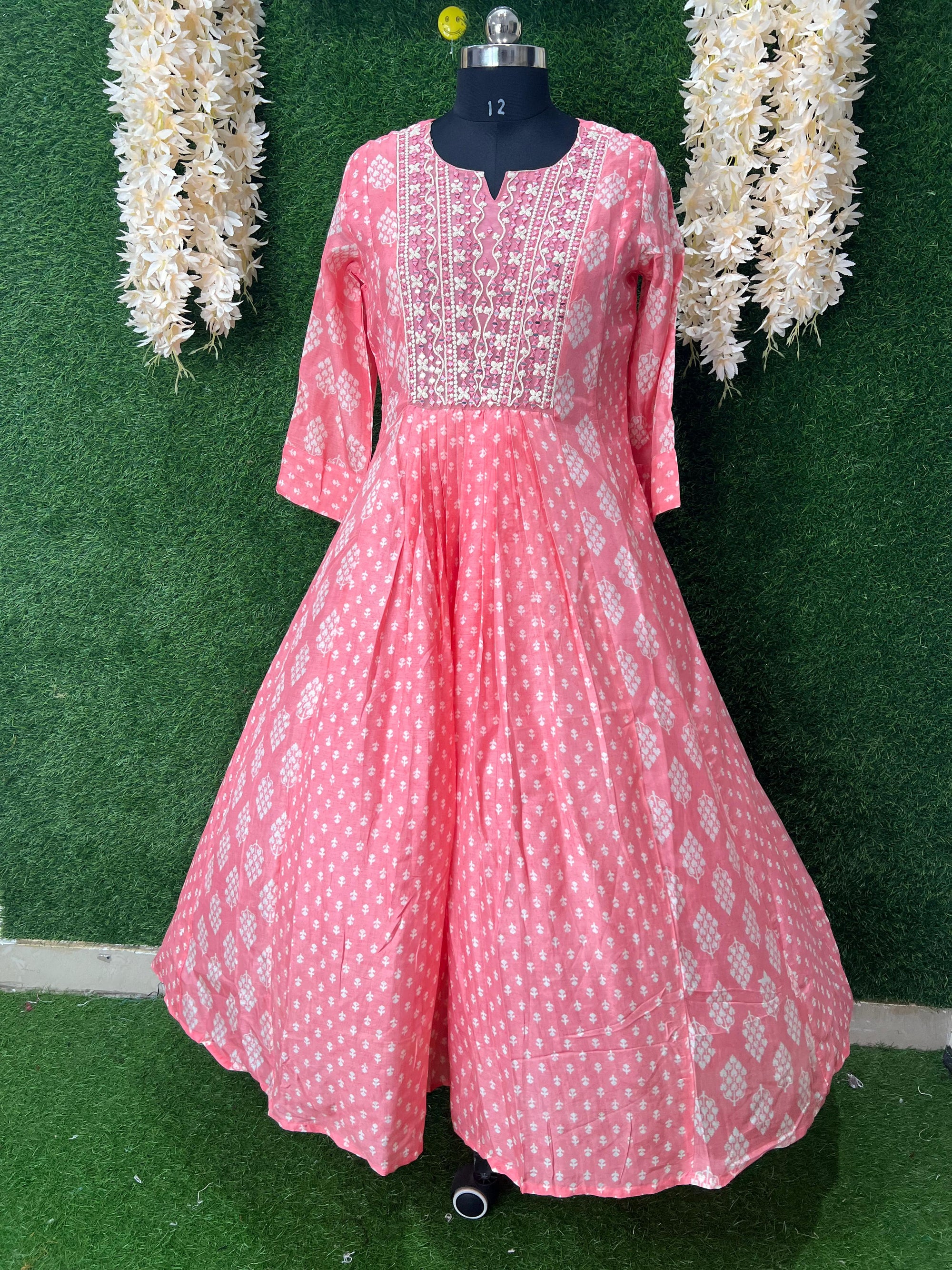 Stunning A-Line Gown with Real Mirror Work – Festive Pink Elegance