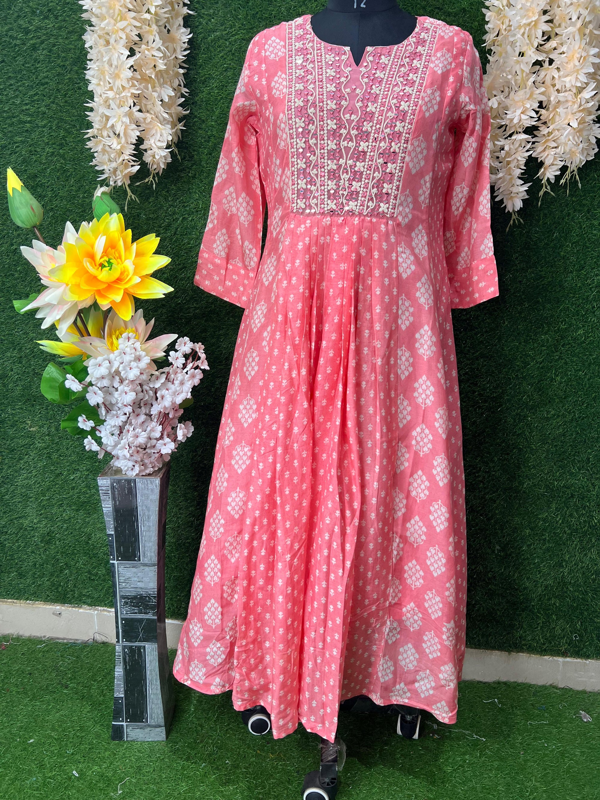 Stunning A-Line Gown with Real Mirror Work – Festive Pink Elegance