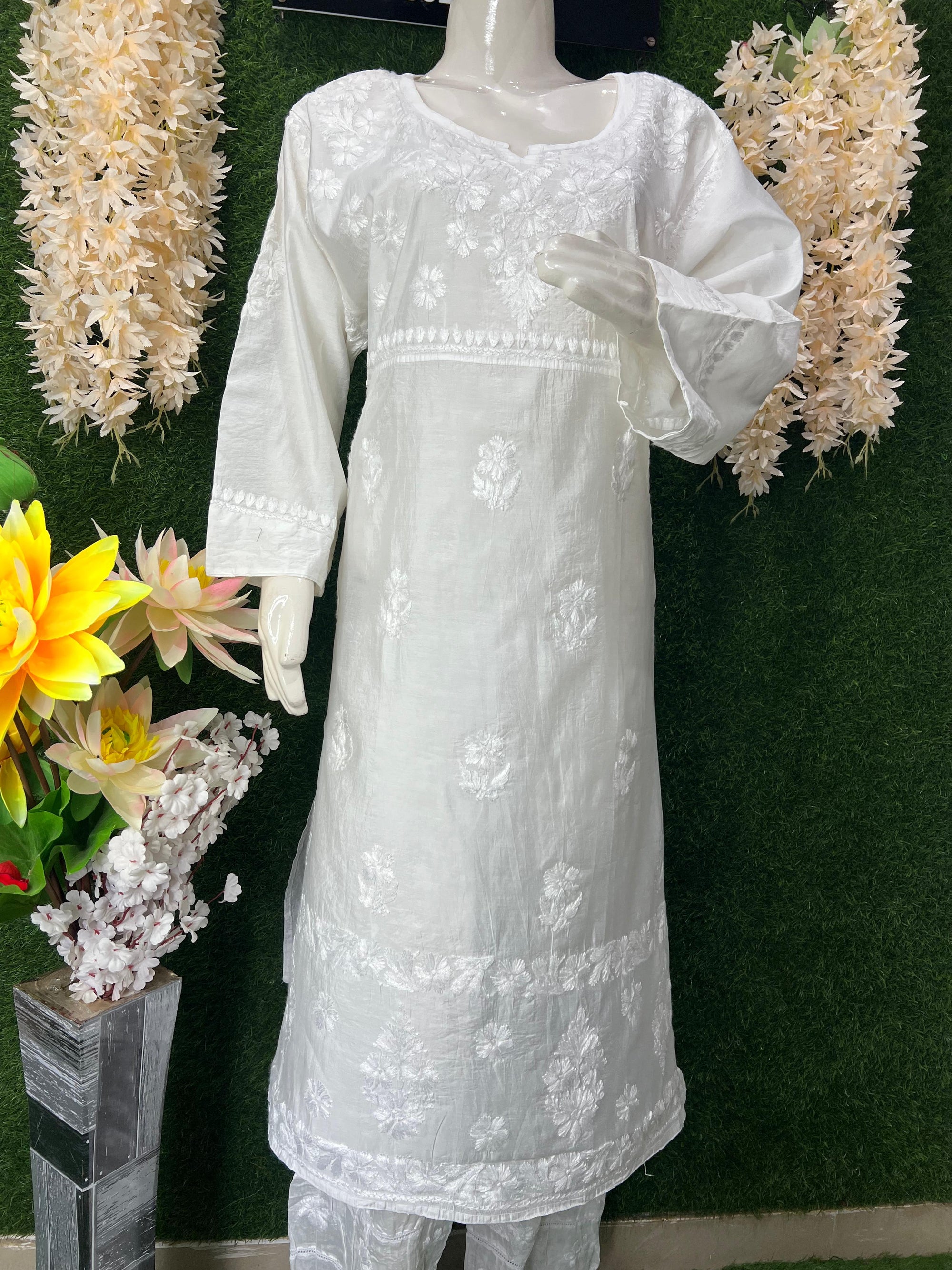 Elegant White Chanderi Silk Lucknowi Chikankari Handwork Kurta Pant Set for Women