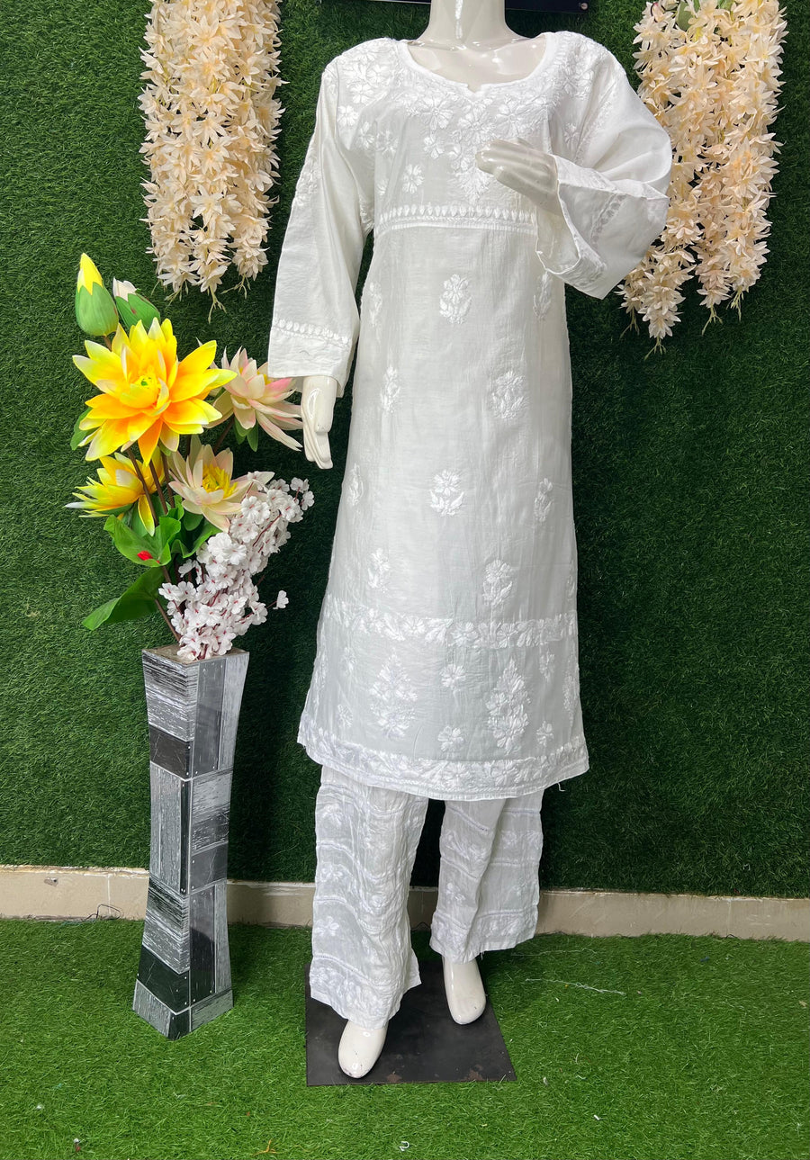 Elegant White Chanderi Silk Lucknowi Chikankari Handwork Kurta Pant Set for Women