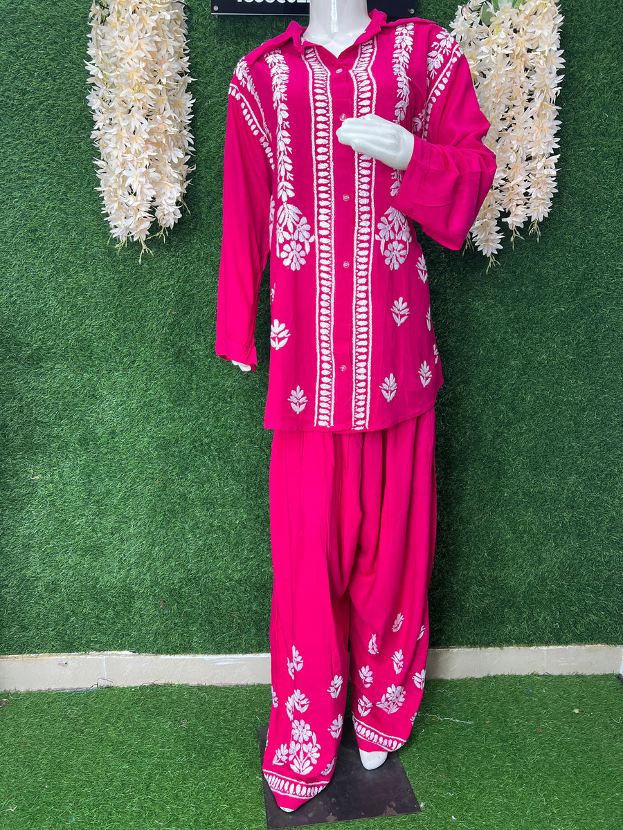 Slub Modal Chikankari Co-ord Set – Shirt Style Kurta with Relaxed Pants