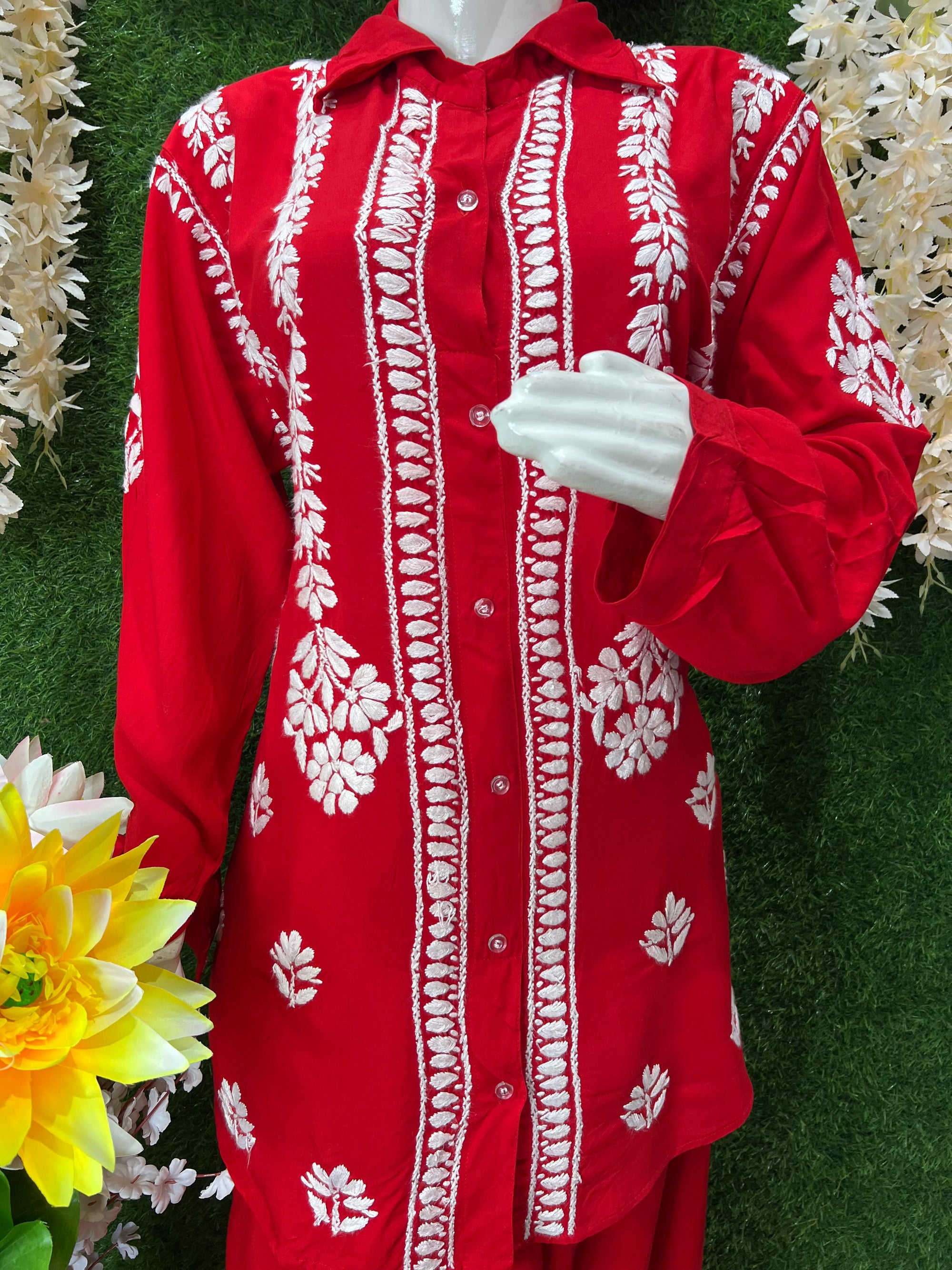 Slub Modal Chikankari Co-ord Set – Shirt Style Kurta with Relaxed Pants