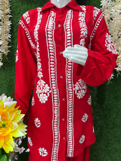 Slub Modal Chikankari Co-ord Set – Shirt Style Kurta with Relaxed Pants