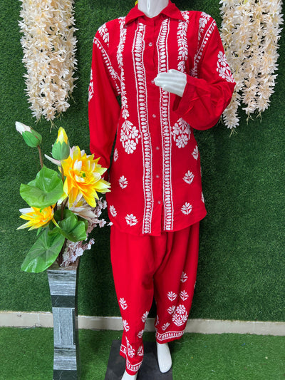 Slub Modal Chikankari Co-ord Set – Shirt Style Kurta with Relaxed Pants