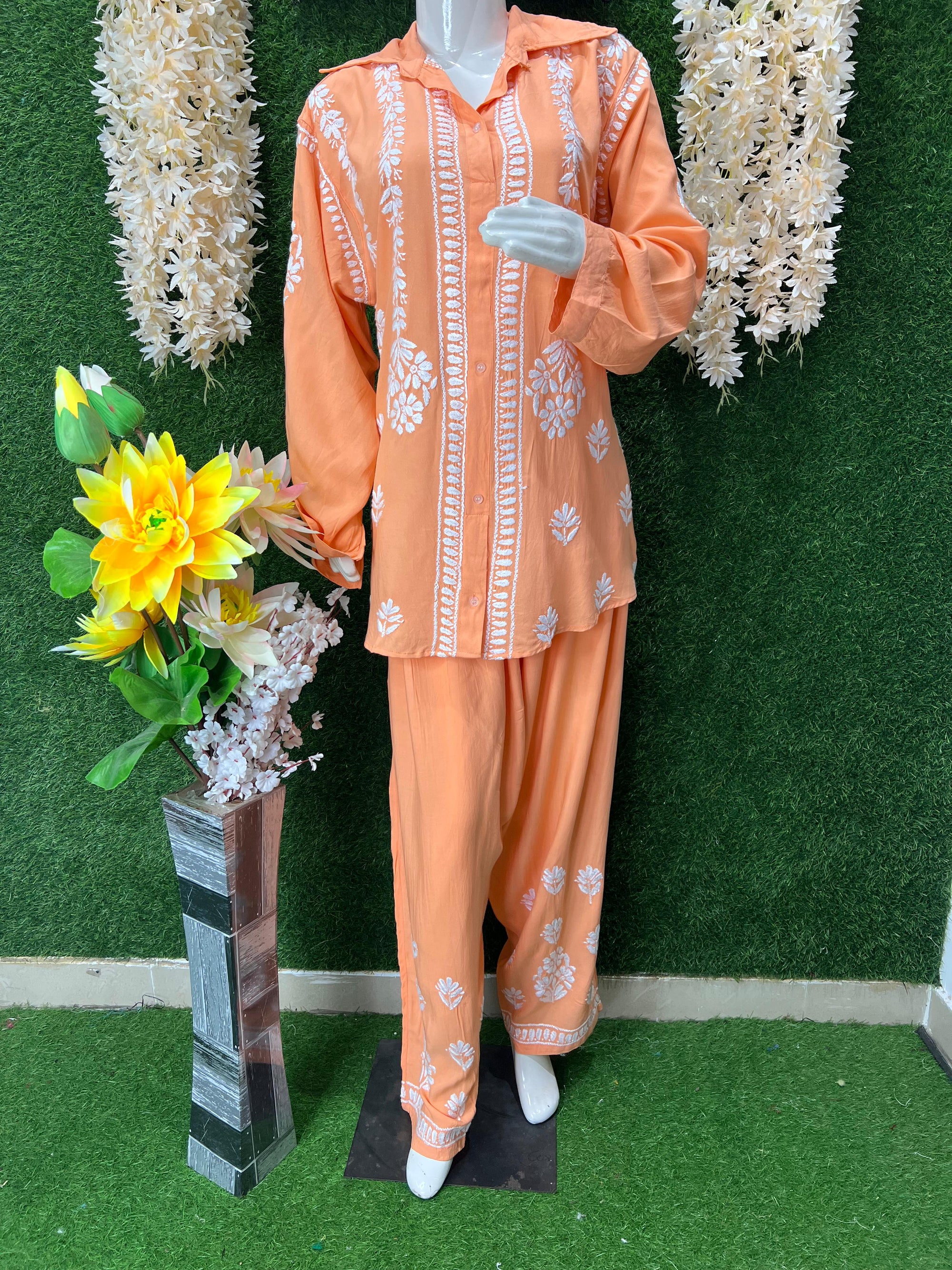 Slub Modal Chikankari Co-ord Set – Shirt Style Kurta with Relaxed Pants