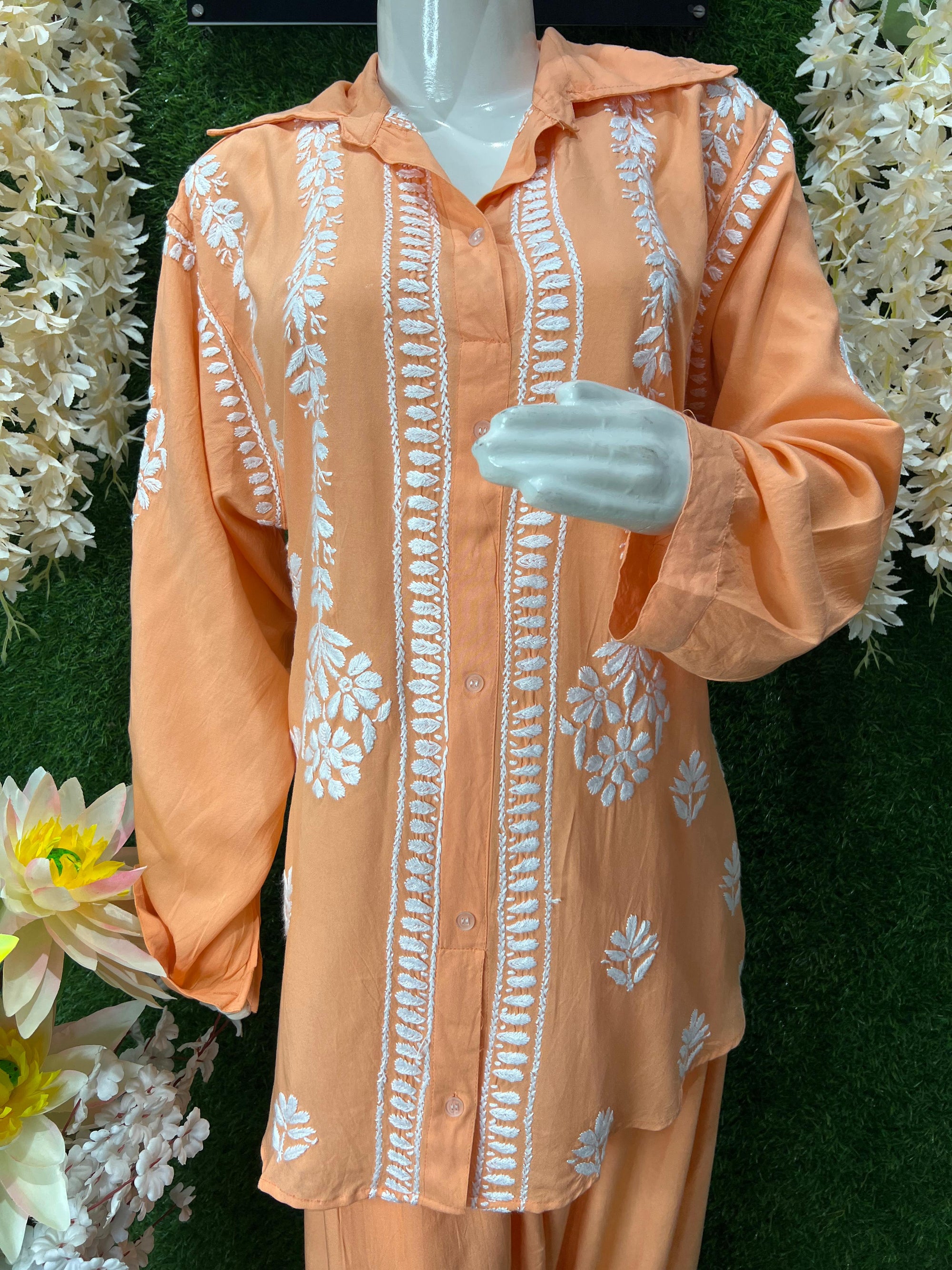 Slub Modal Chikankari Co-ord Set – Shirt Style Kurta with Relaxed Pants