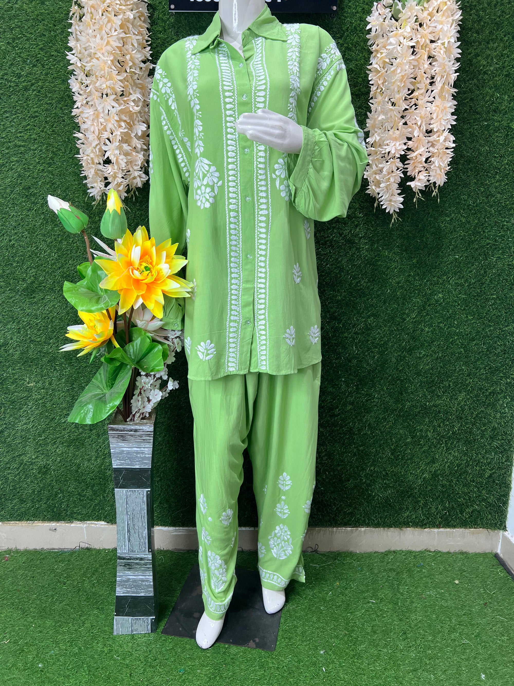 Slub Modal Chikankari Co-ord Set – Shirt Style Kurta with Relaxed Pants