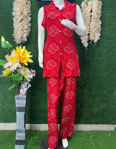 Red Bandhani Printed Sleeveless Co-Ord Set | Casual Summer Coord
