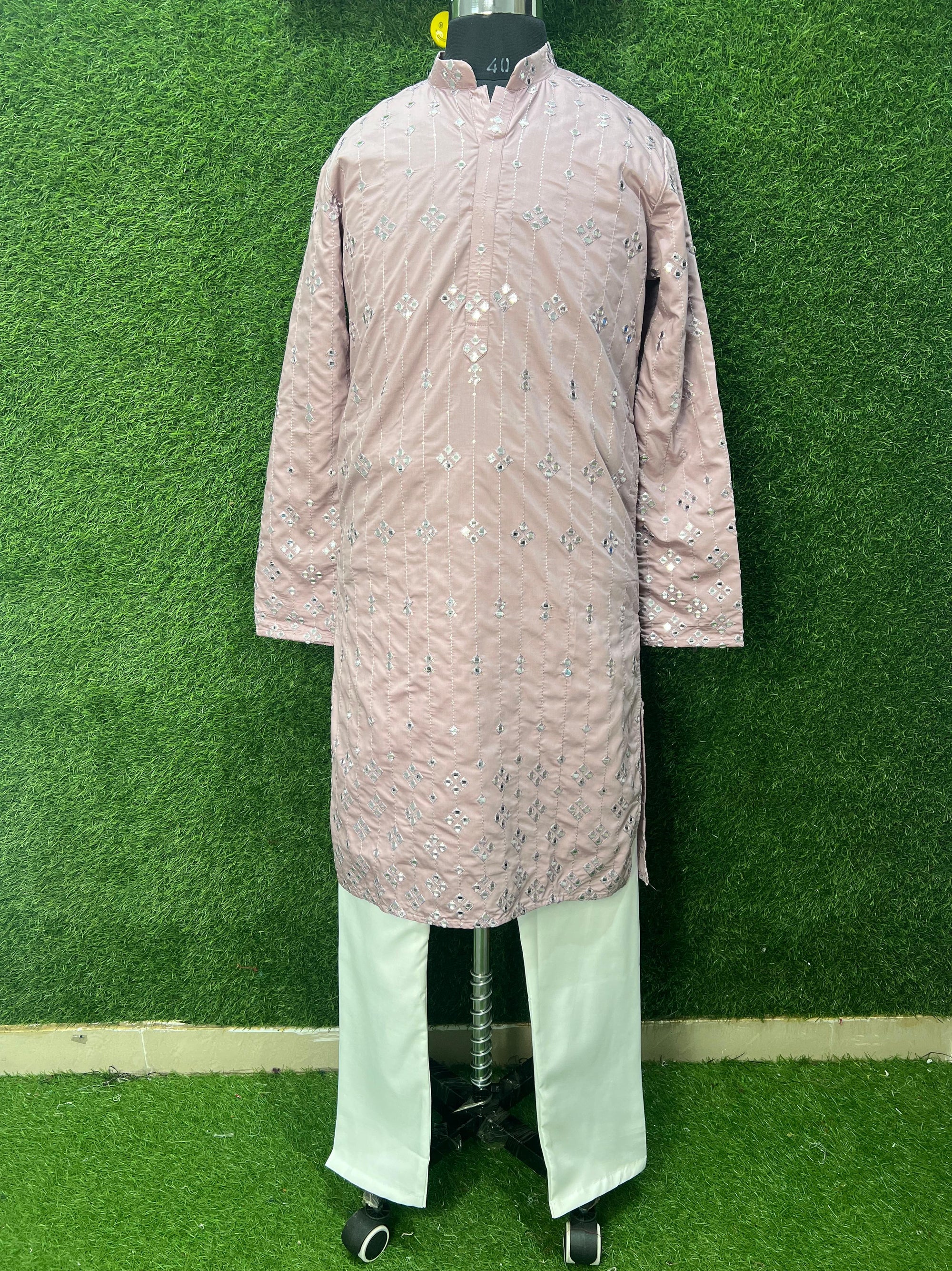 Men’s Silk Kurta Set with Foil Mirror Work