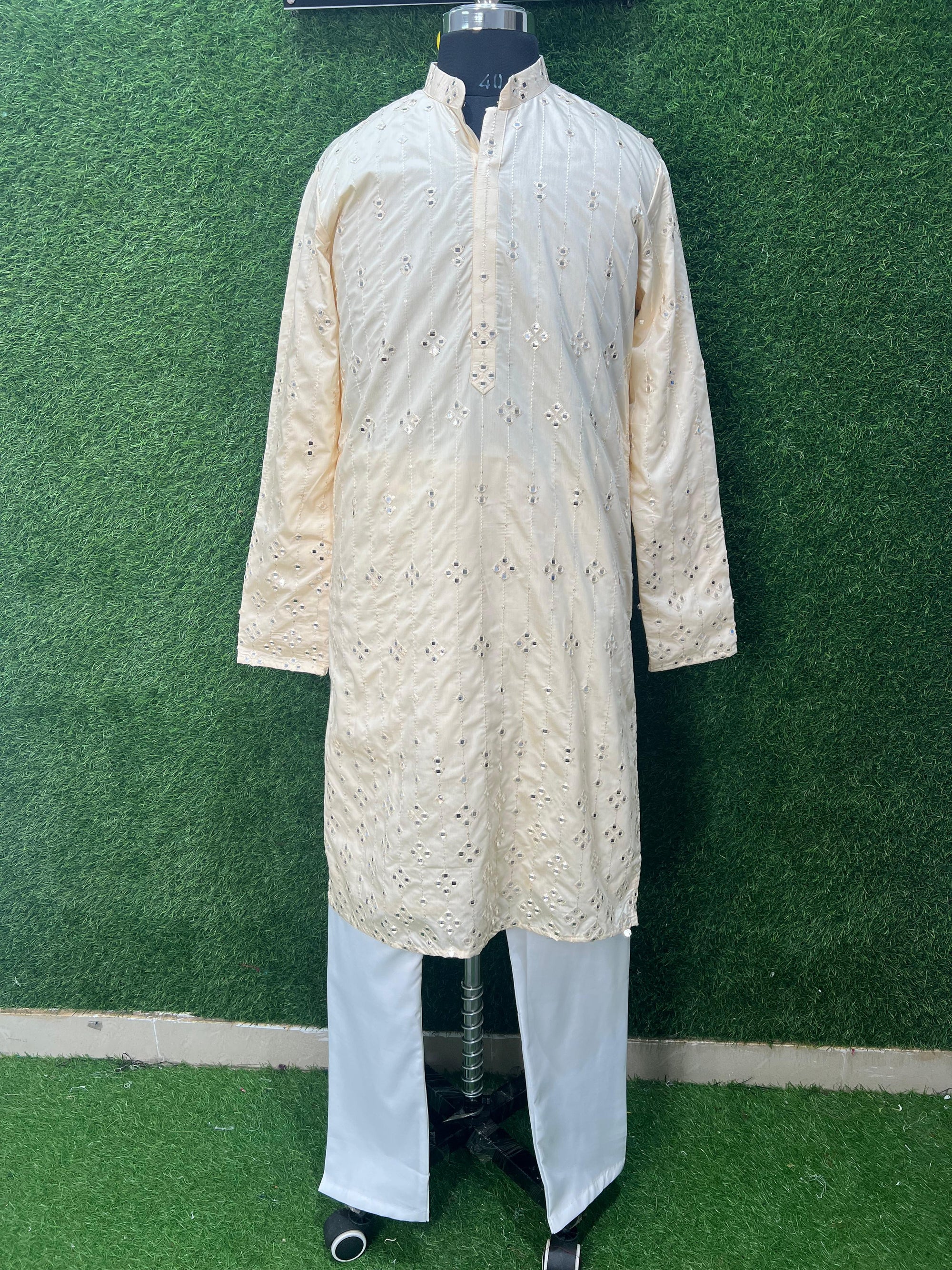 Men’s Silk Kurta Set with Foil Mirror Work