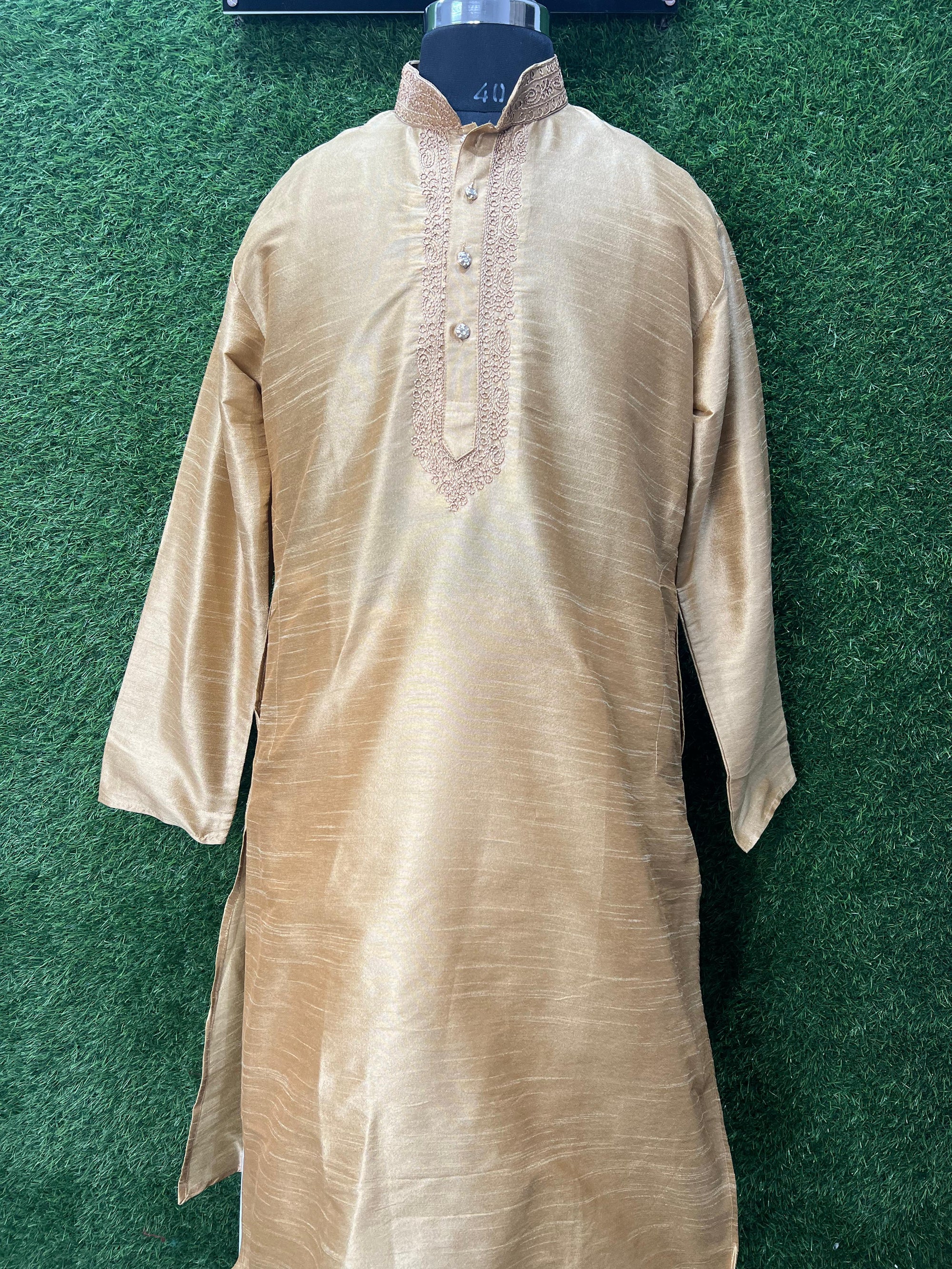 Men’s Silk Kurta Set with Embroidered Collar & Placket