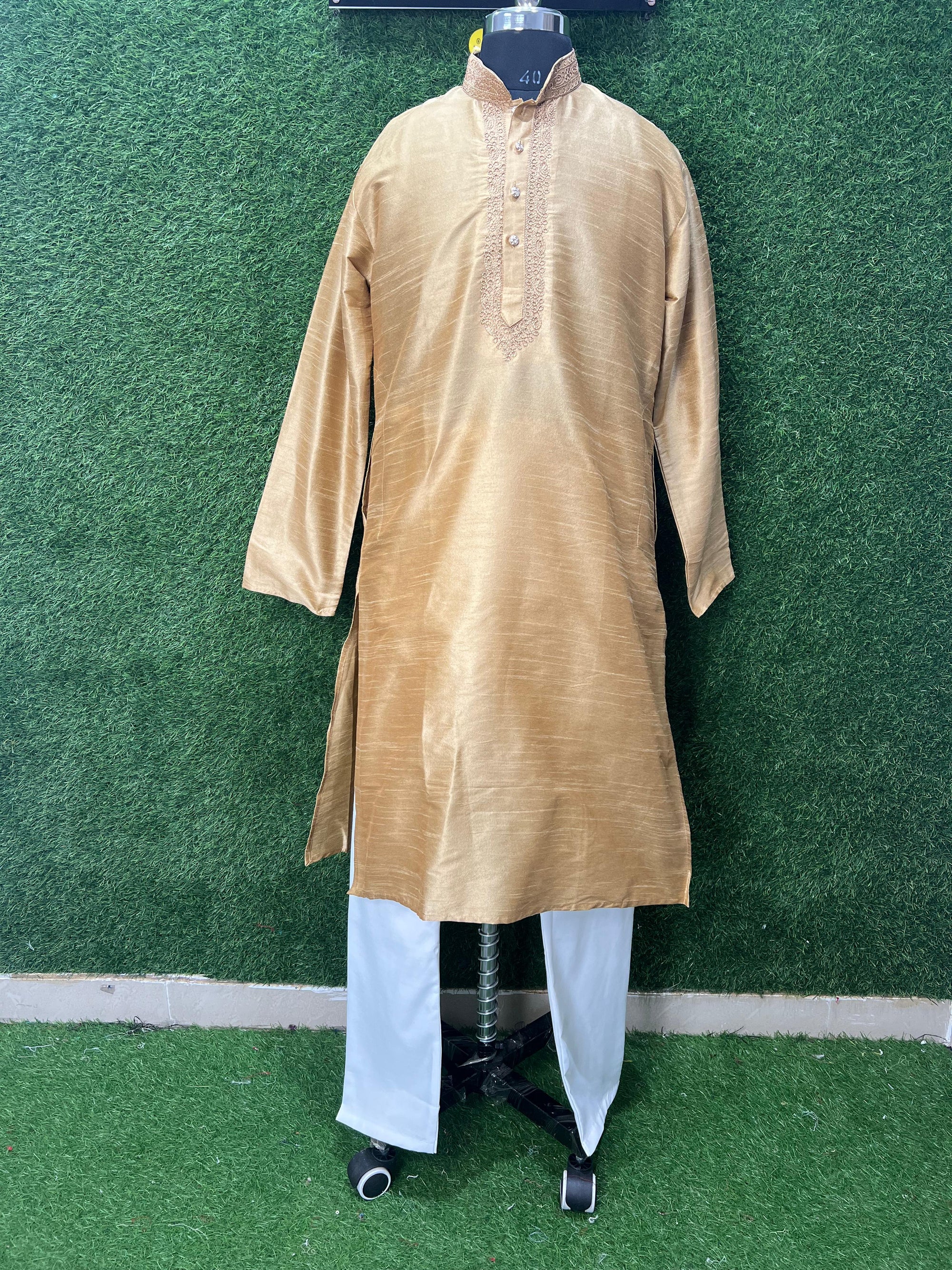 Men’s Silk Kurta Set with Embroidered Collar & Placket