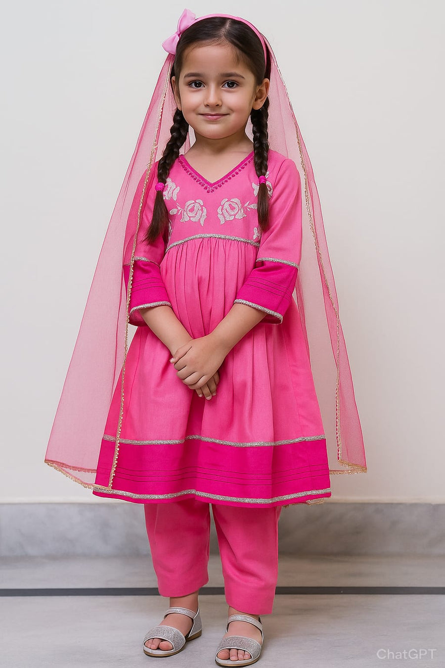Girls Pink Embroidered Frock Style Kurta Set with Dupatta