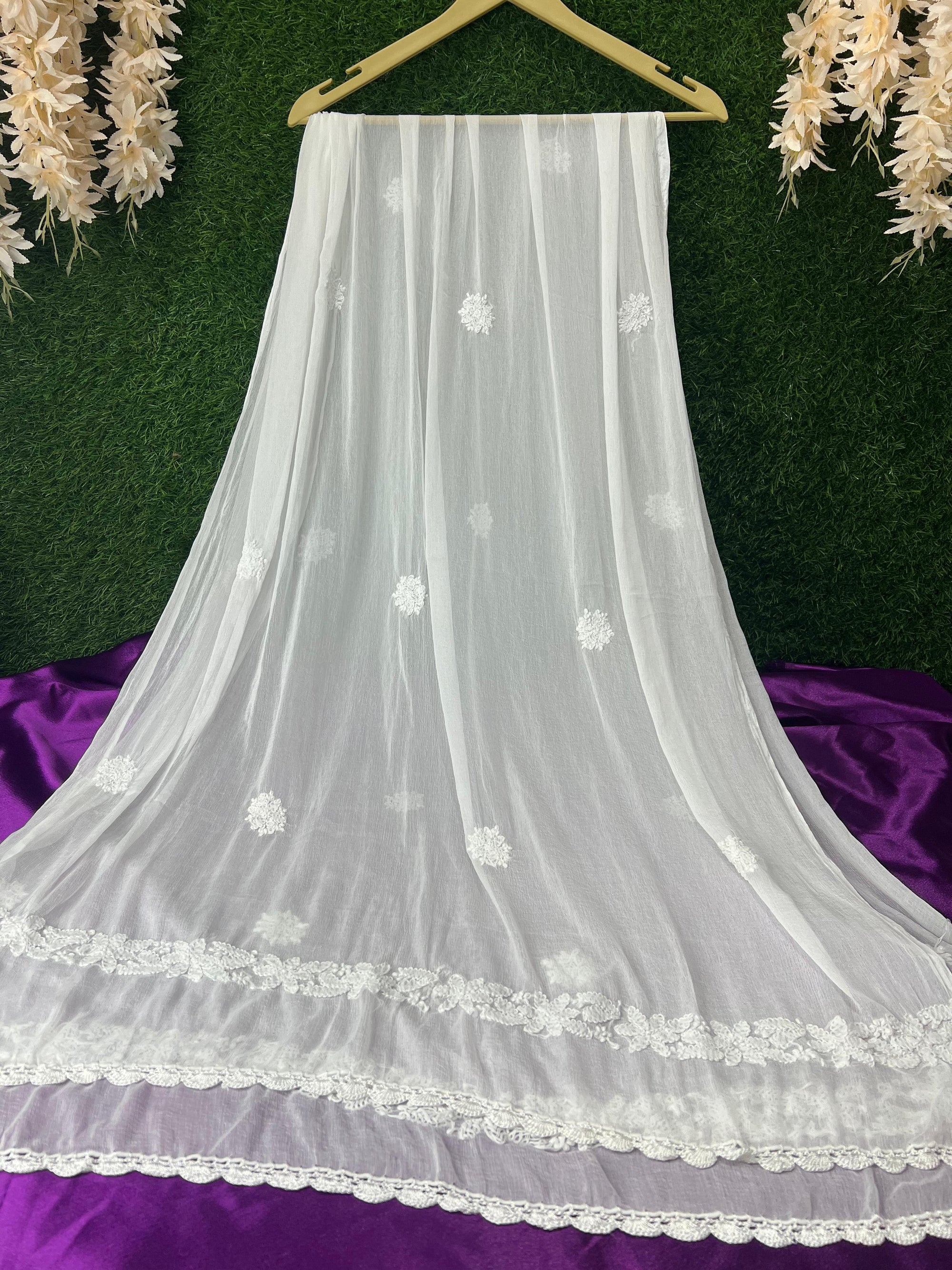 White Chiffon Lucknowi Chikankari Dupatta for Women