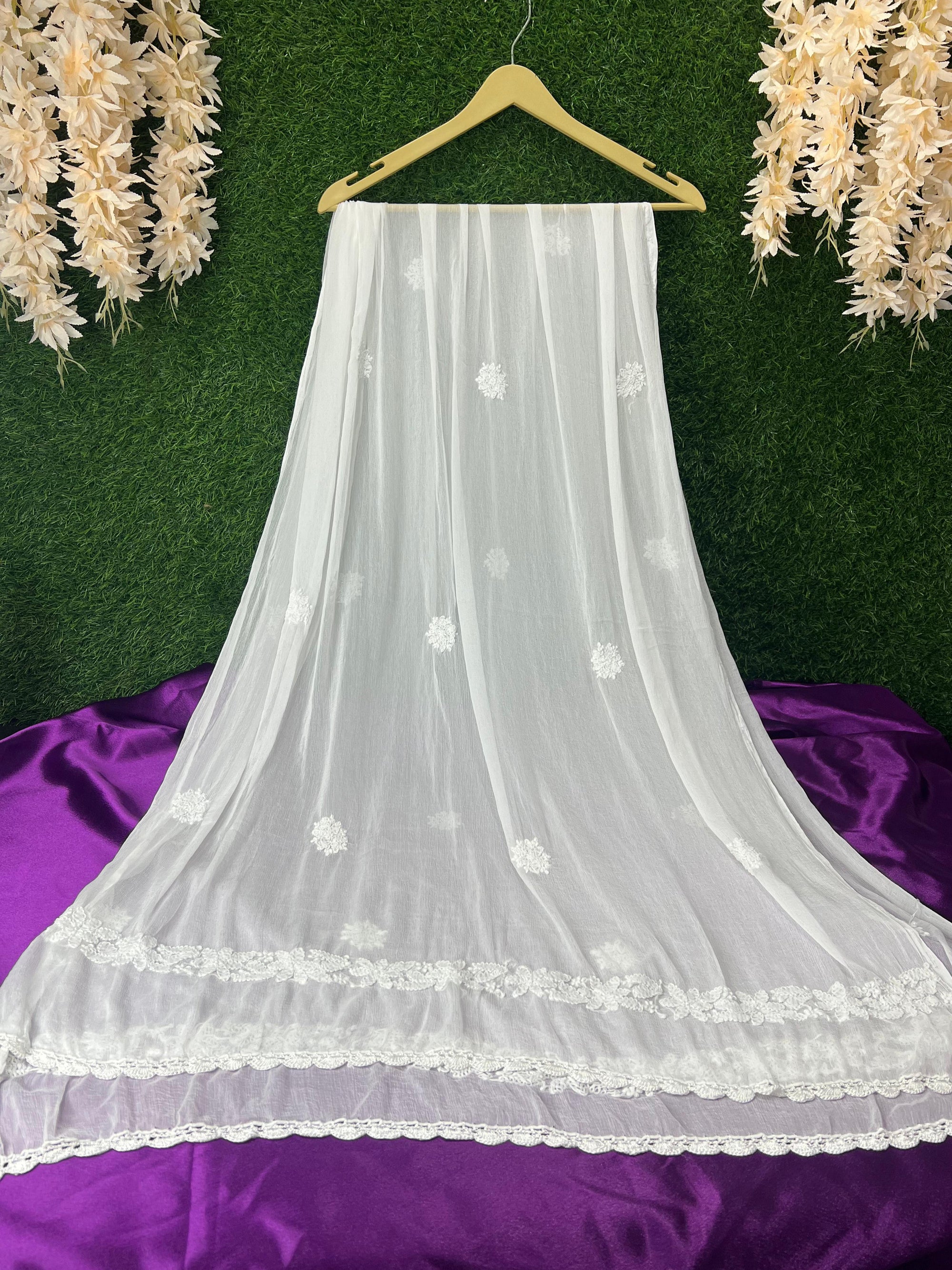 White Chiffon Lucknowi Chikankari Dupatta for Women