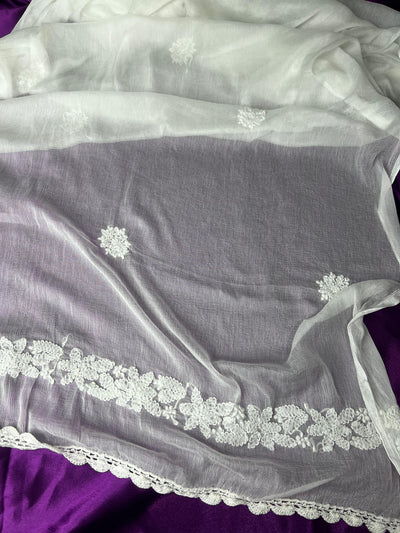 White Chiffon Lucknowi Chikankari Dupatta for Women