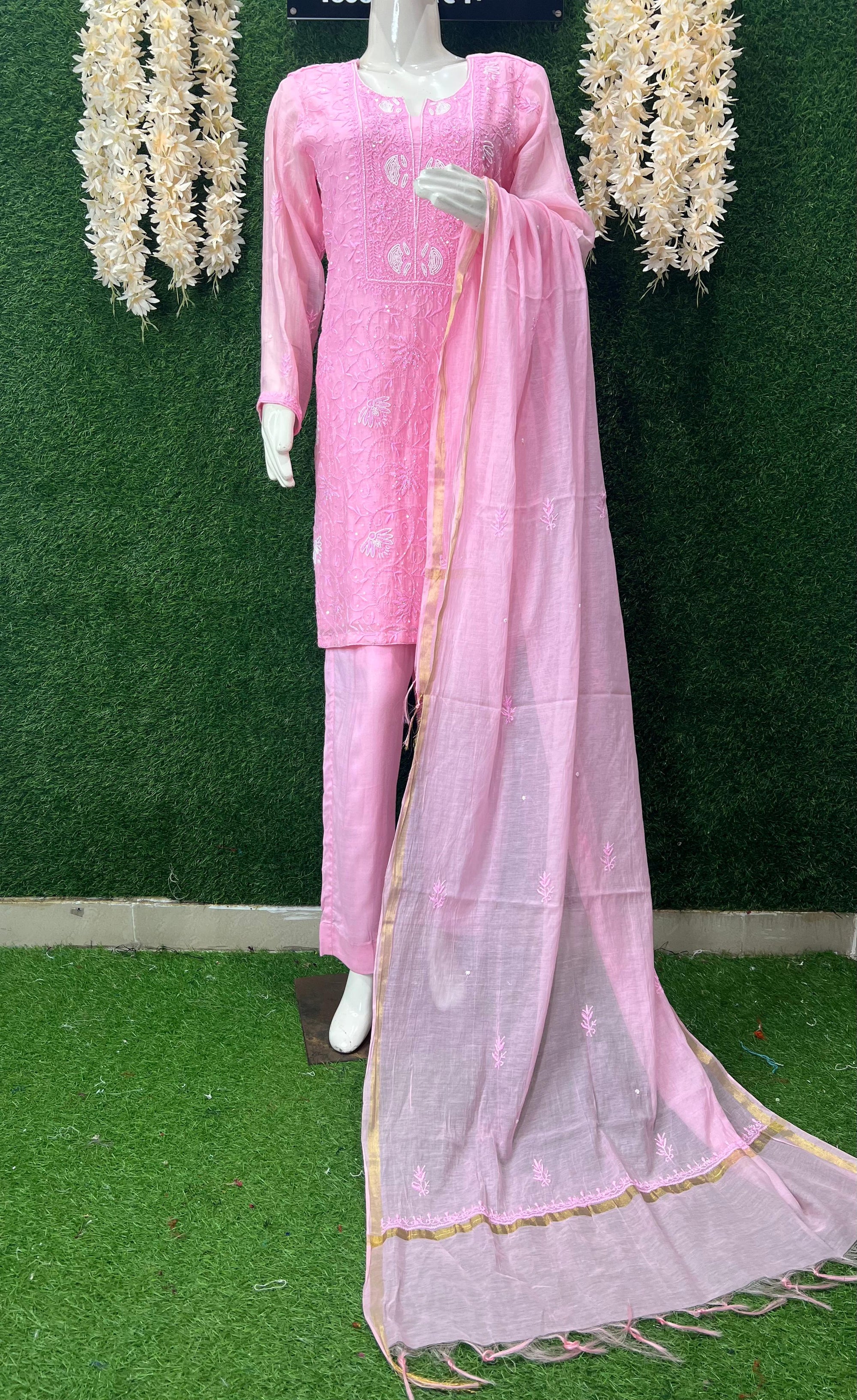 Mul Chanderi Lucknowi Chikankari Suit Set with Handwork & White Pulp Detailing