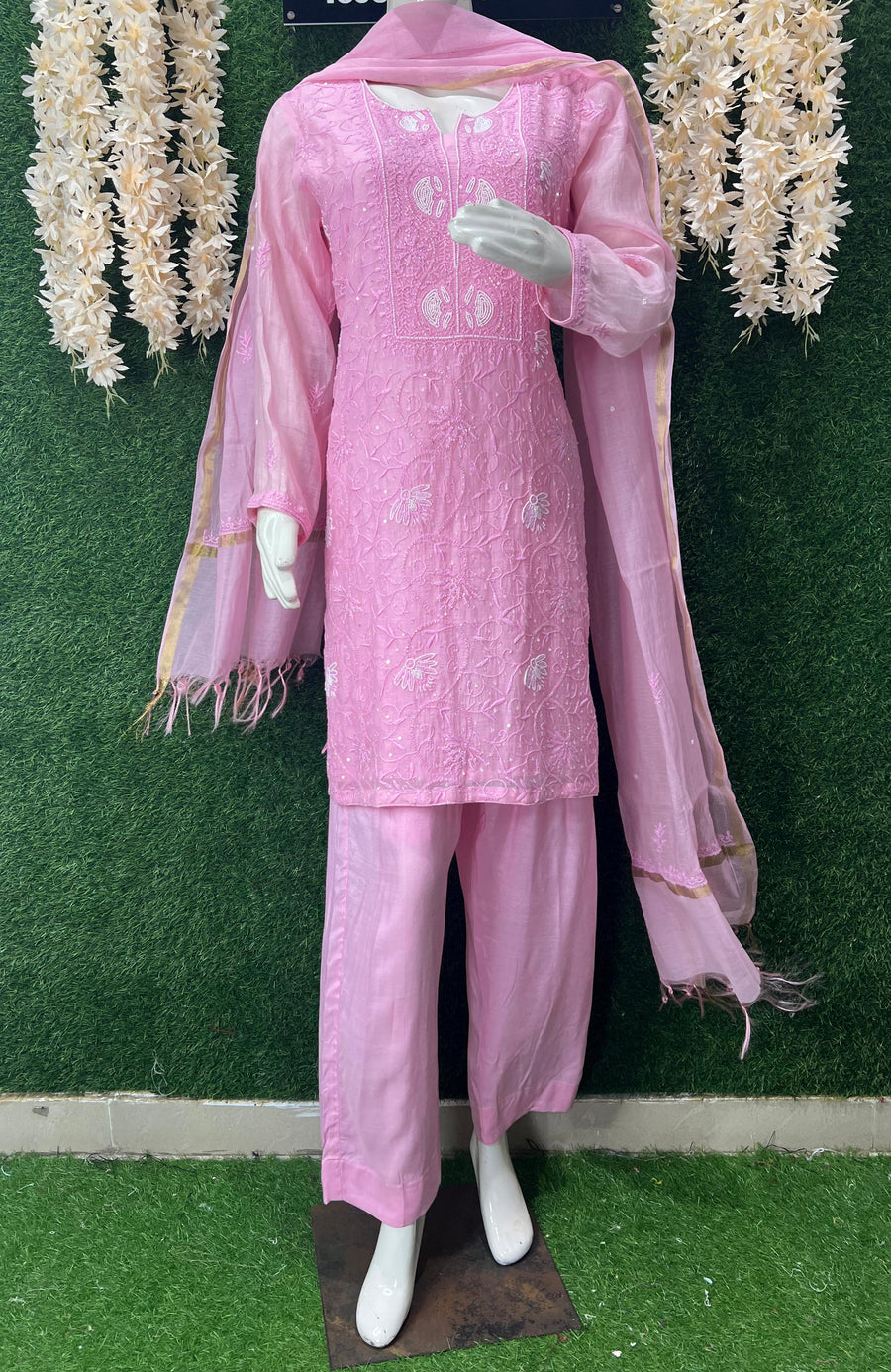 Mul Chanderi Lucknowi Chikankari Suit Set with Handwork & White Pulp Detailing