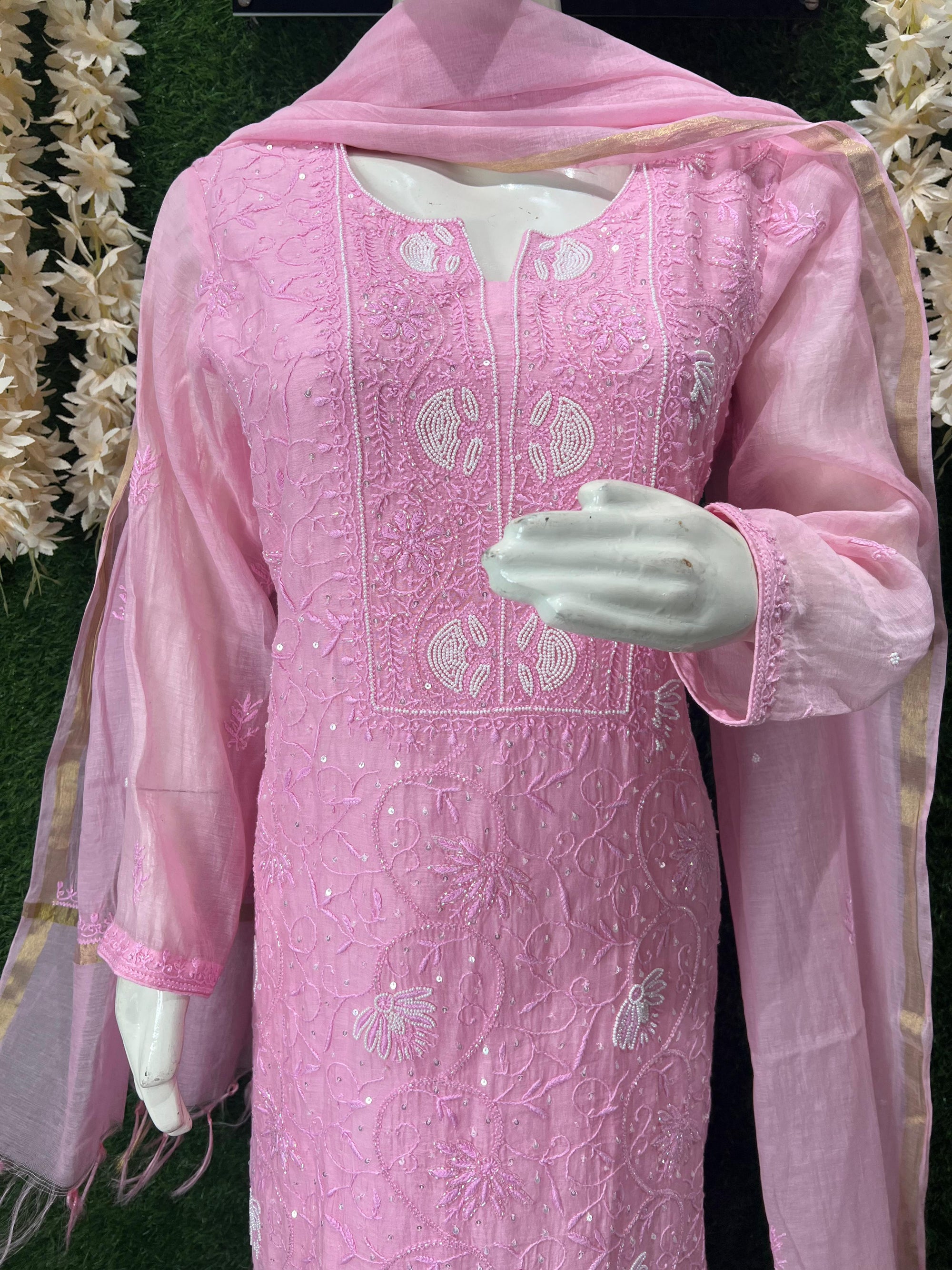 Mul Chanderi Lucknowi Chikankari Suit Set with Handwork & White Pulp Detailing