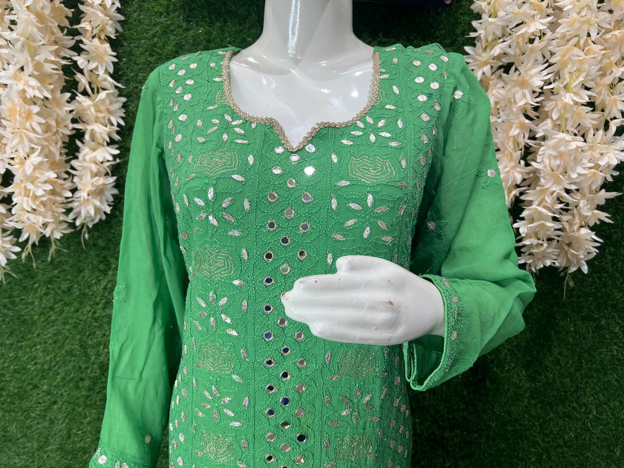 Green Lucknowi Chikankari Suit Set with Real Mirror & Gota Work